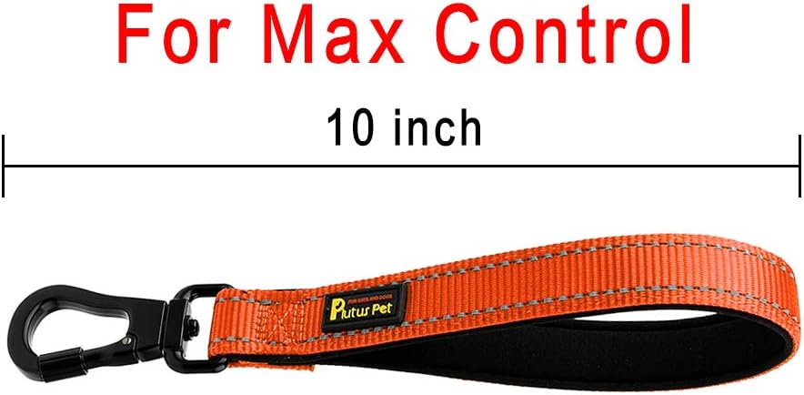 PLUTUS PET 10” Short Dog Leash, Reflective Nylon Padded Handle, Strong Traffic Leash with Carabiner Clip, Perfect for Large or Medium Dogs(10”,Orange