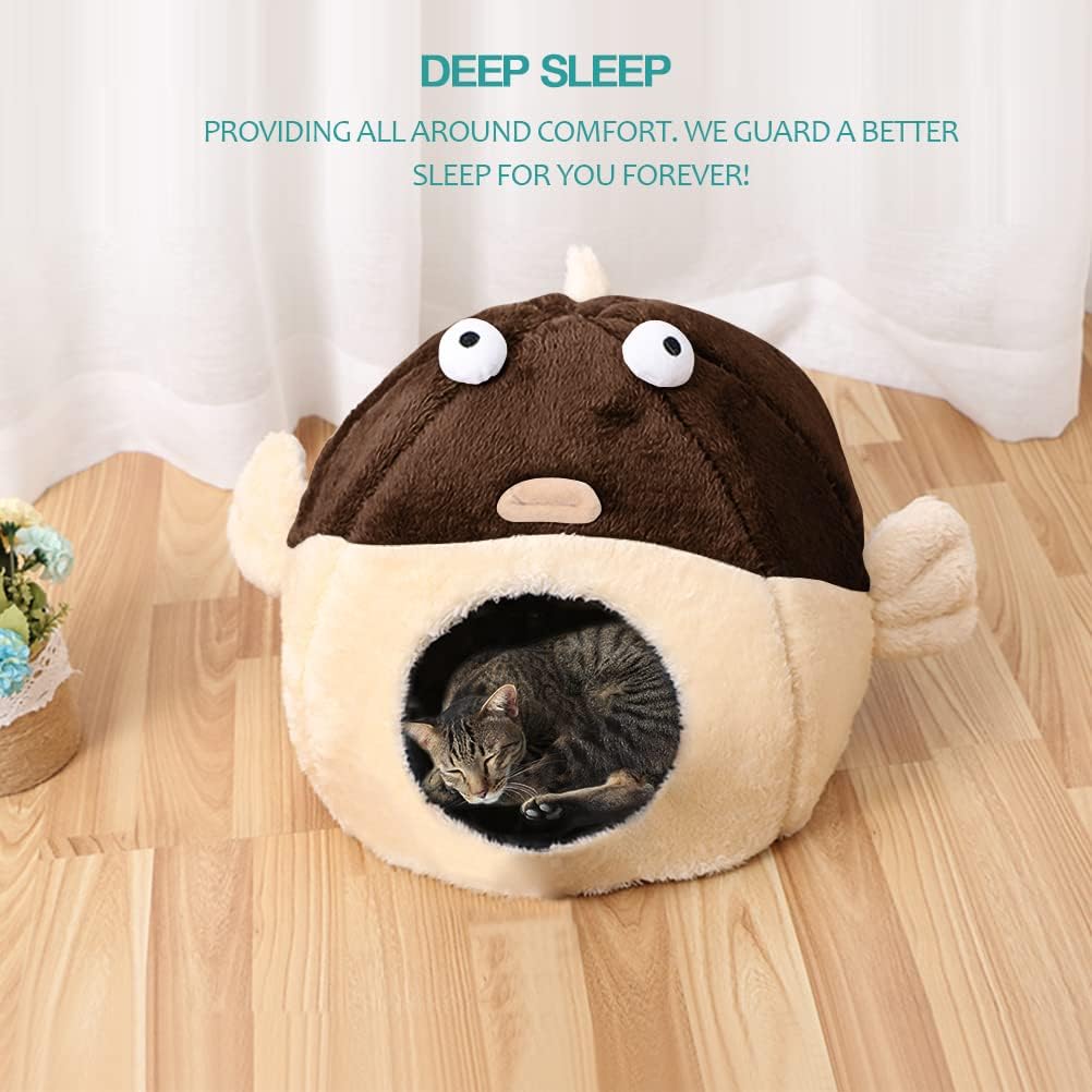 Cat Beds for Indoor Cats - Cat Bed Cave with Removable Washable Cushioned Pillow, Soft Plush Premium Cotton No Deformation Pet Bed, Lively Pufferfish Cat House Design, Brown, Multiple Sizes(L)