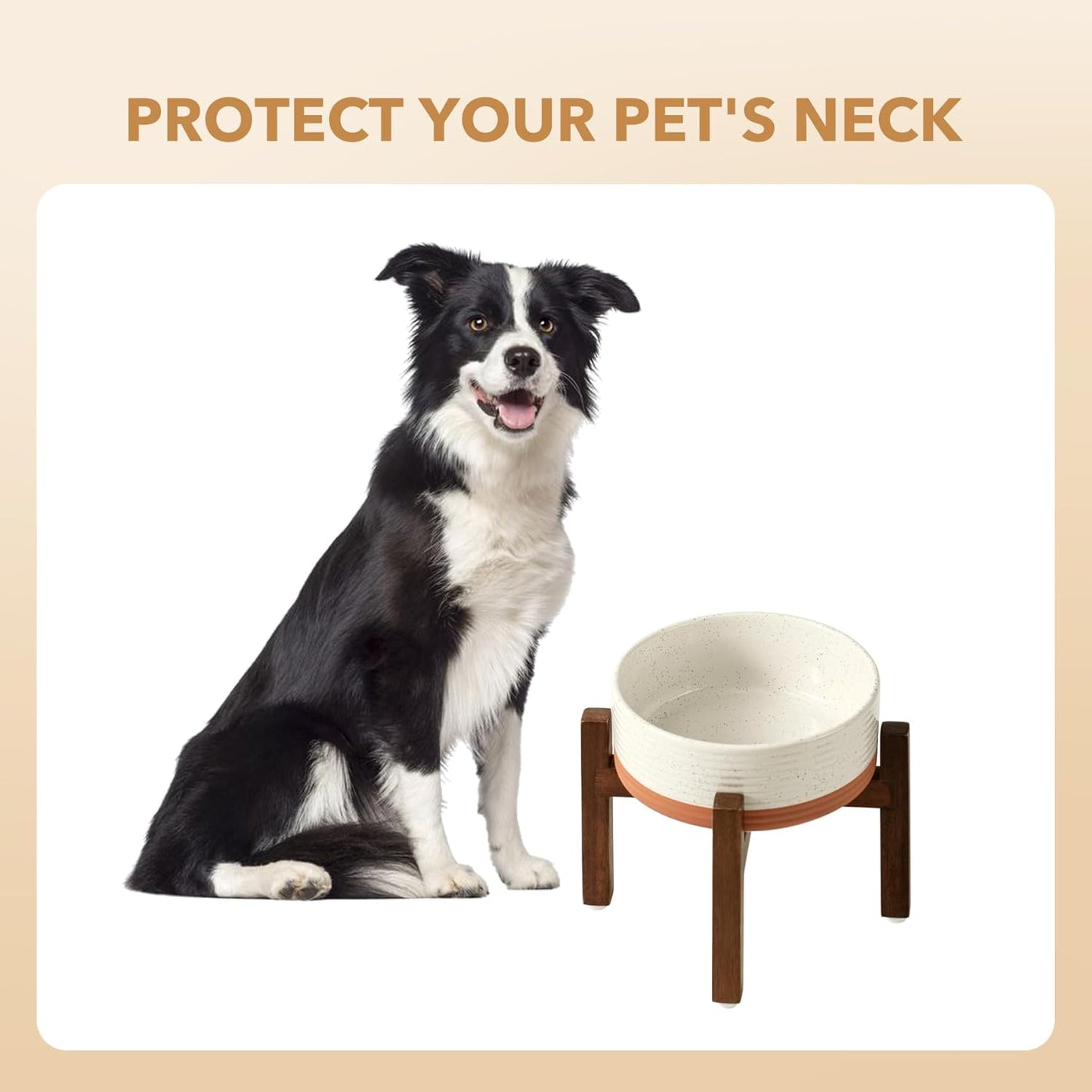 Ceramic 7.3inch Raised Dog Bowl Set, Elevated with Acacia Wood Stand, Food and Water Bowl for Medium Breed Dogs, Weighted Pet Dishes(41oz, Vanilla White)