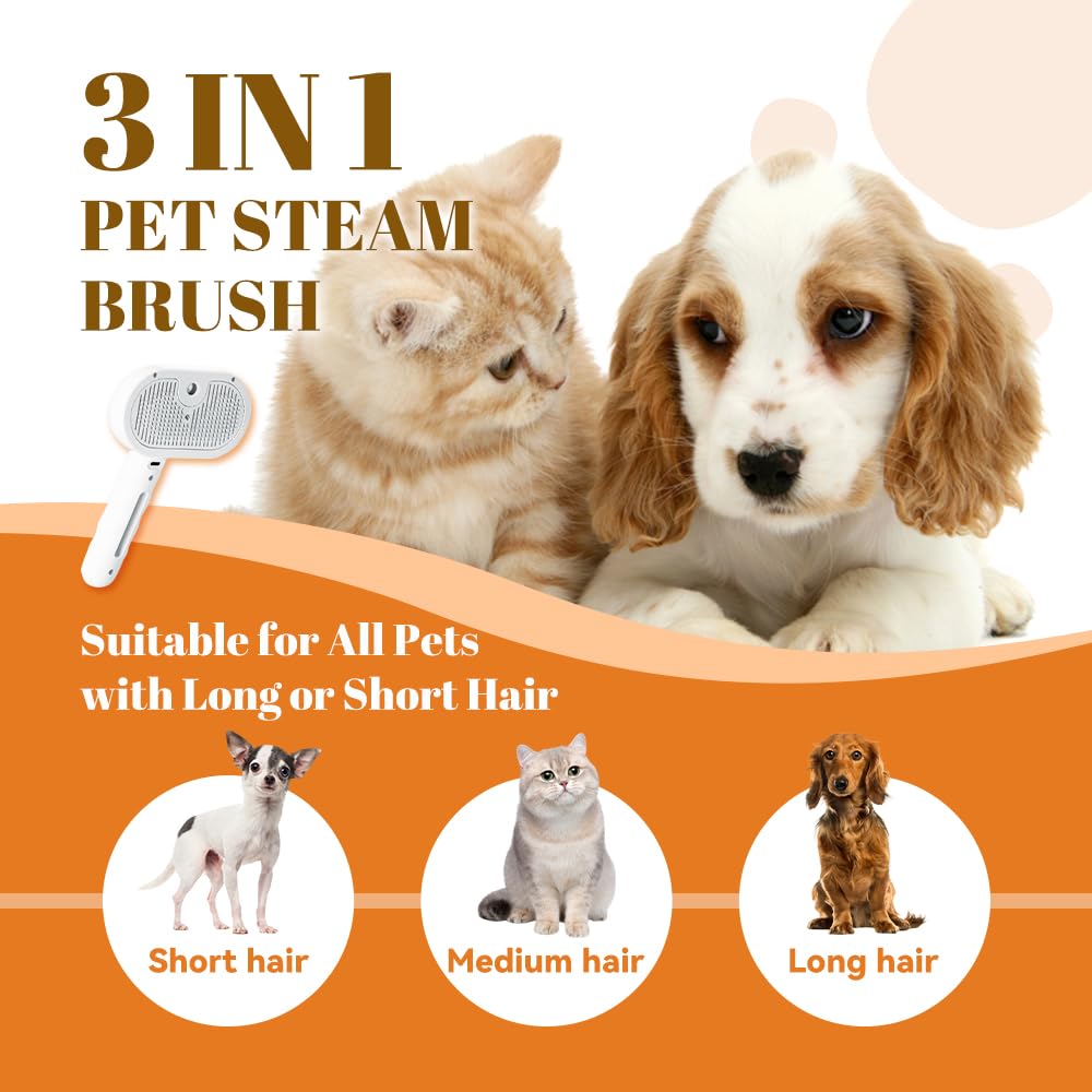 Cat Steam Brush, 3 in 1 Pet Spray Hair Removal Comb for Shedding & Grooming, Pet Grooming Brush with Spray, One-Click Release Button and Tank, Spritz Defur Comb for Cats Dogs, Effective(White)