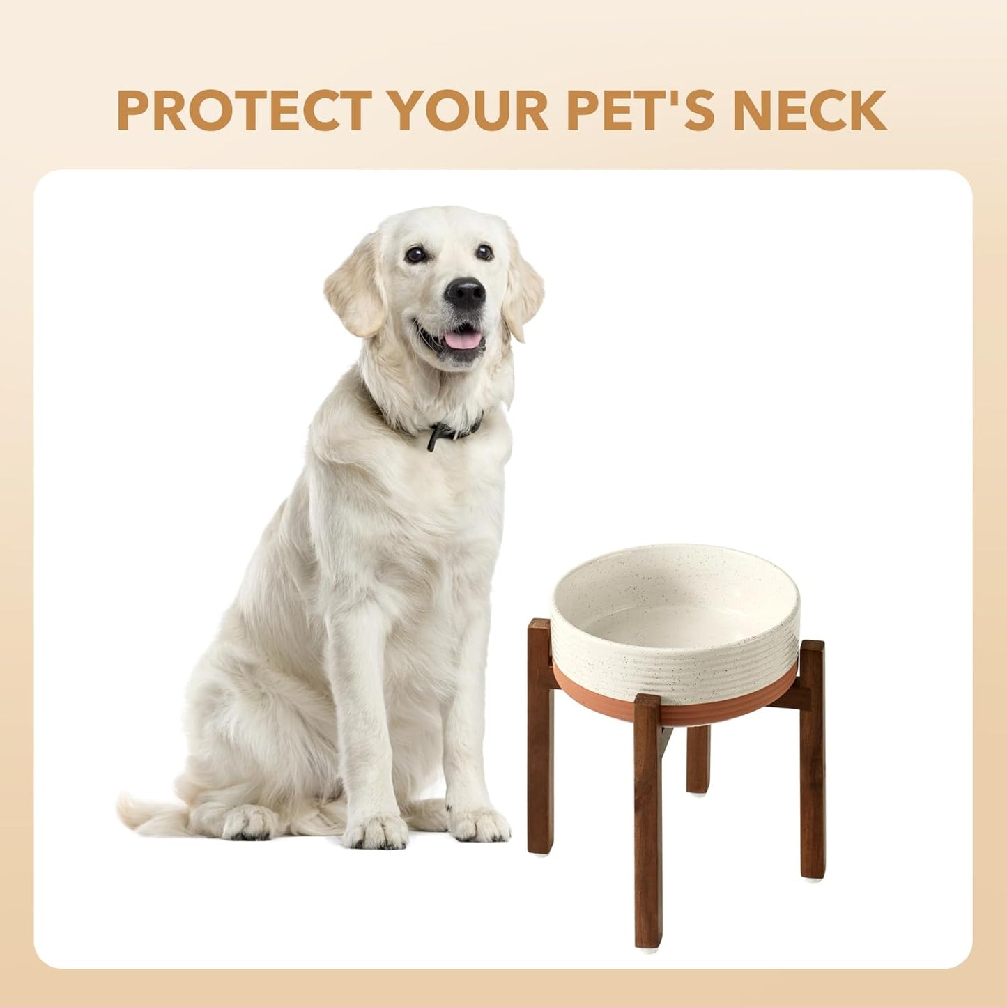 Ceramic 8.2inch Raised Dog Bowl Set, Elevated with Acacia Wood Stand, Food and Water Bowl for Large Breed Dogs, Weighted Pet Dishes(60oz, Vanilla White)
