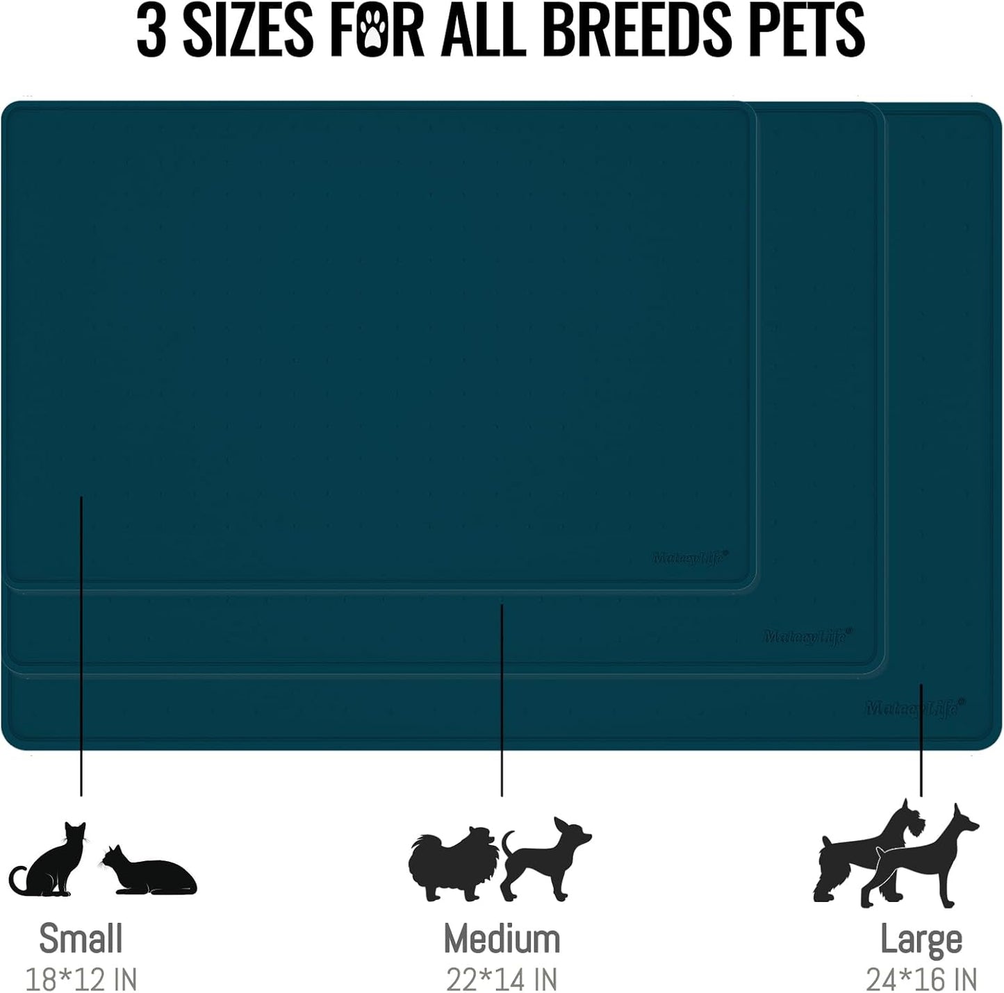 MateeyLife Dog & Cat Food Mat, Waterproof & Nonslip Silicone Feeding Mats for Dogs and Cats, Raised Edge Tray for Messy Drinkers, 24"x16", Navy