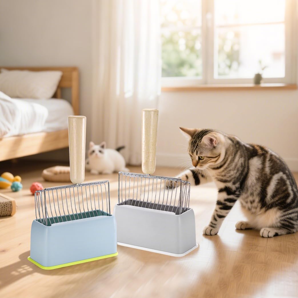 Hiceeden Set of 2 Cat Litter Scoop with Holder, Metal Kitty Litter Scoop Holder with Wooden Handle, Cat Poop Scooper for Kitten Litter Box, Fast Sifting, Gray and Blue