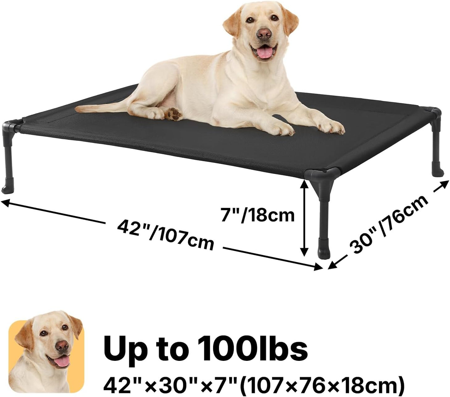 Veehoo Outdoor Elevated Dog Cot Bed, Cooling Raised Pet Bed for Large Dogs, Washable Breathable Mesh Hammock Bed with No-Slip Feet, Indestructible Ground Off Training Platform Cot-42"x30" Black