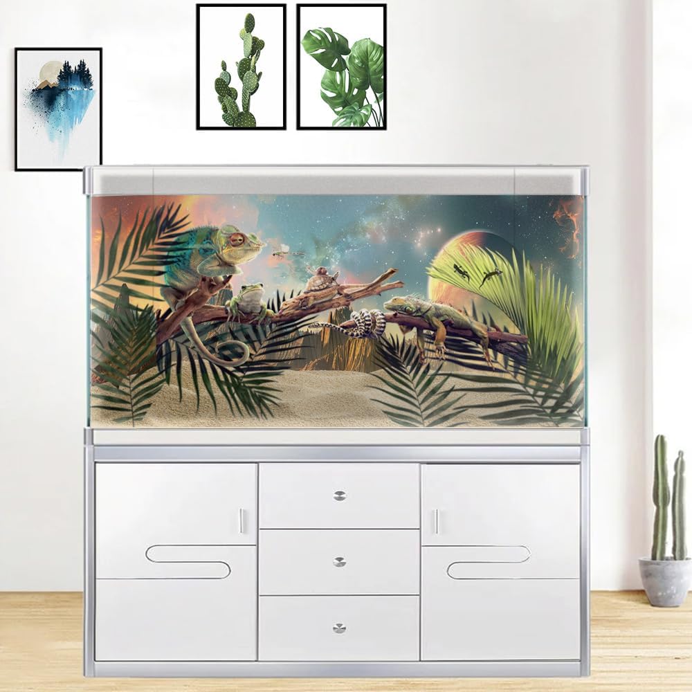 Cosmic Aquarium Background,Cool Galaxy Parallel Space Themed Fish Tank Background, Tropical Desert Terrarium Background 30X12IN with 8 EVA Double-Sided Tape