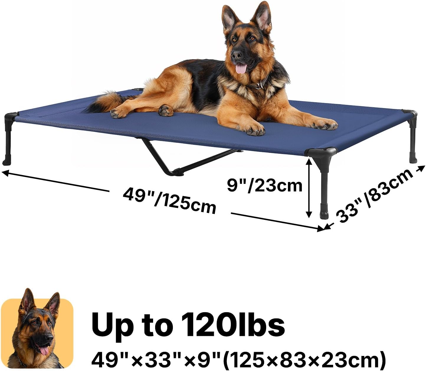 Veehoo Outdoor Elevated Dog Cot Bed, Cooling Raised Pet Bed for X-Large Dog, Washable Breathable Mesh Hammock Bed with No-Slip Feet, Indestructible Ground Off Training Platform Cot-49"x33" Blue