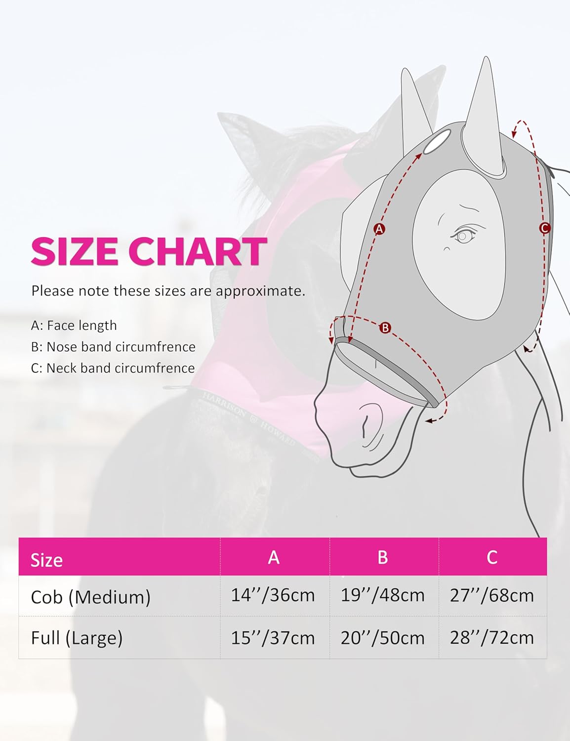 Harrison Howard Horse Fly Mask with Forelock Opening Stretch Breathable and Comfortable for Horses UV -Protection Fuchsia L