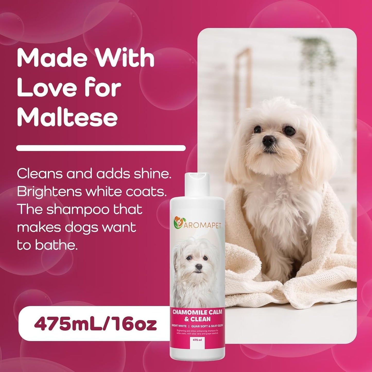 Chamomile Calm & Clean Dog Shampoo for White Coats - Deodorizing Dog Shampoo with Aloe, Argan Oil, Chamomile, Grape Extract - Great for Maltese, Gentle, Hypoallergenic. Soft & Silky Glow.