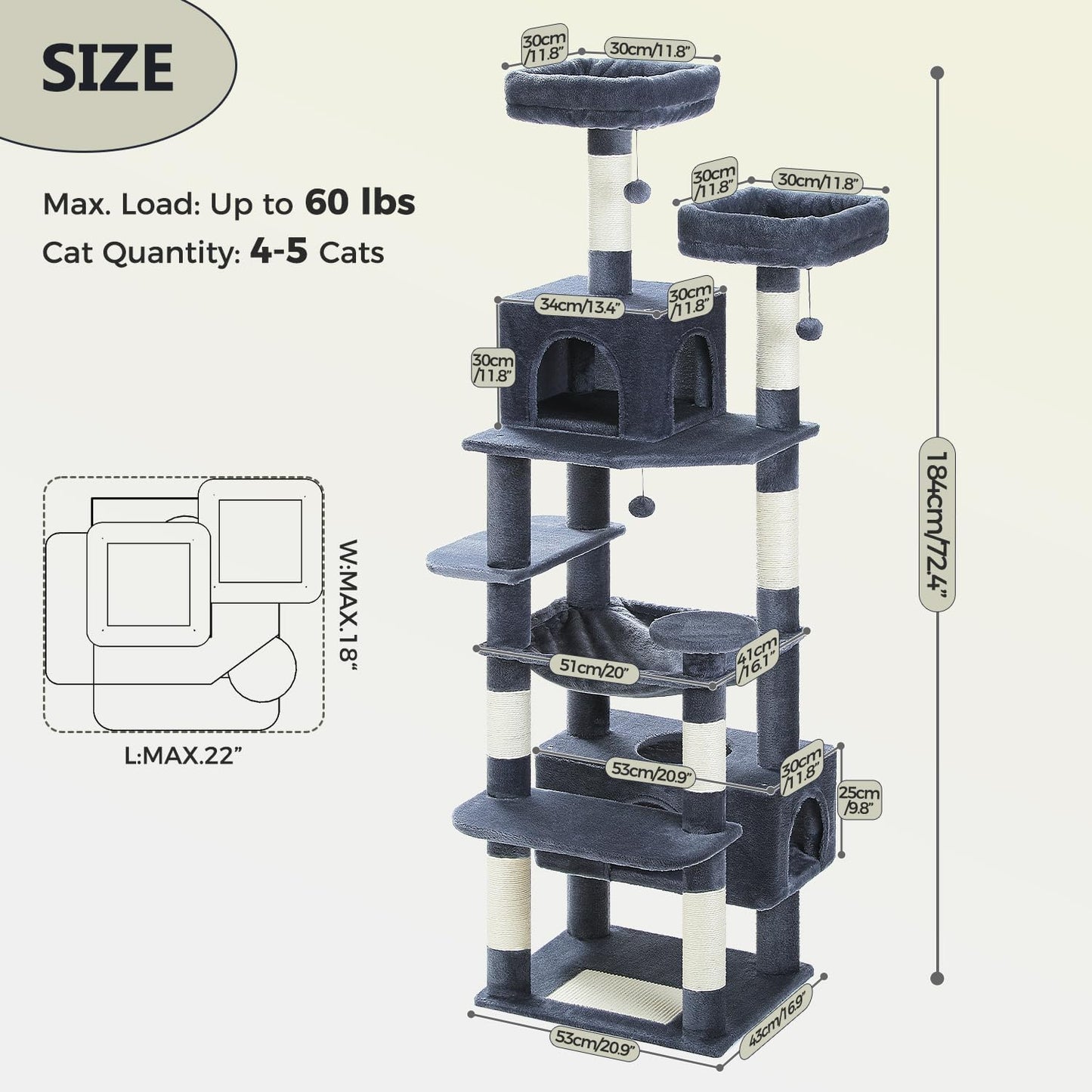 PAWZ Road Large Cat Tree, 72 Inches Cat Tower for Large Cats, Cat Condo with Sisal-Covered Scratching Posts and Pads, 2 Padded Perch, Dual Condo and Basket for Indoor Cats-Dark Gray