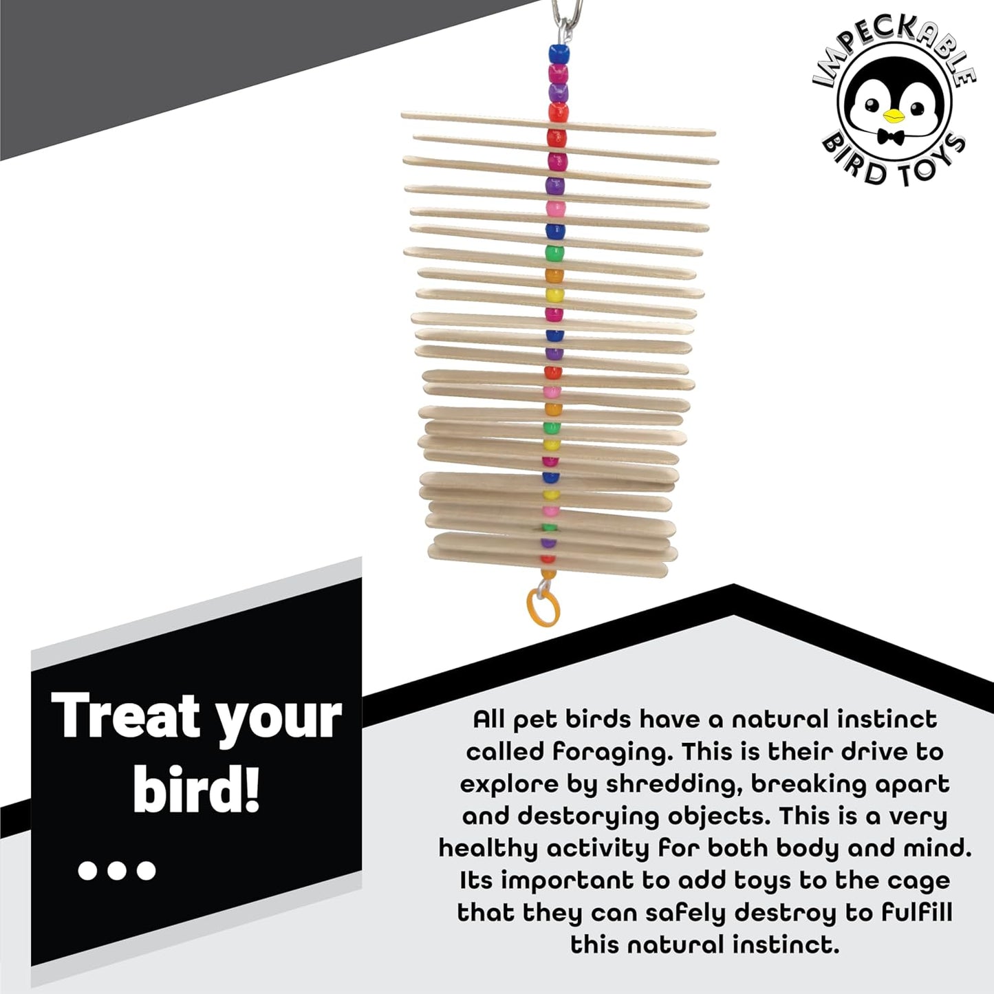 858 Mini Long Stick Toy - Handcrafted with Wooden Slats, Plastic Beads and Rubber Ring, Sticks Turn Around as Pets Play, Great for Budgies, Lovebirds, Parrotlets and Other Small Birds
