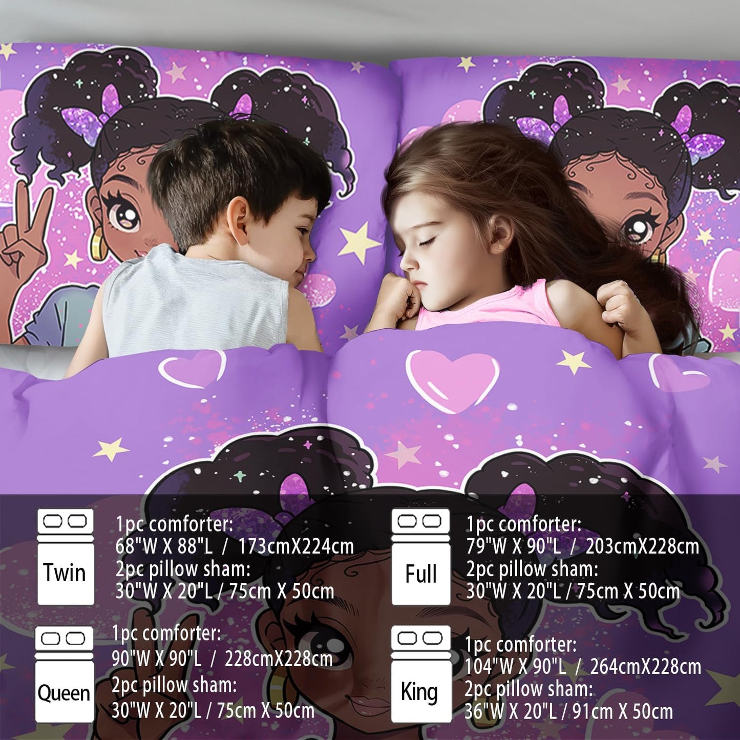 African American Black Girl Comforter Set King Size,Cute Black Girl Bedding Set King for Kids,Kawaii Heart Comforter Purple Bedding Decor for Teen,Purple Bed Quilt