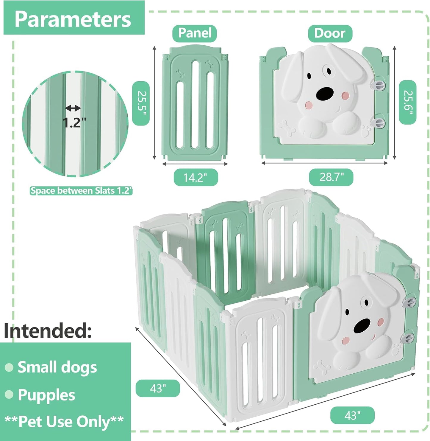 Foldable Dog Play Pen Indoors, Non-Slip Sturdy Puppy Playpen with Door, 25.5" H 10-Panel Adjustable Shape Dog Fence Pen for Small/Medium Dogs, Thickened, Easy to Store, White+Green