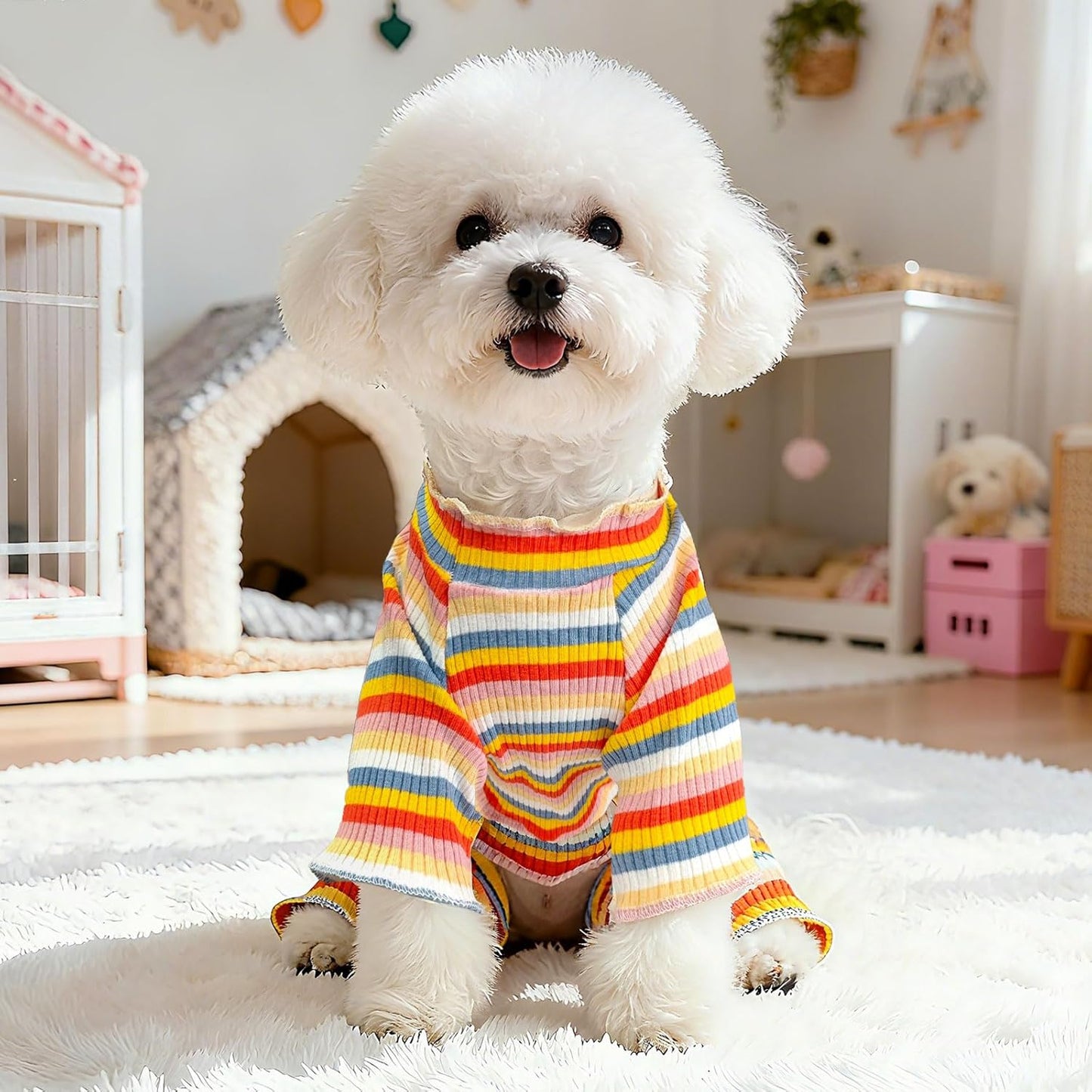 BAEJMJK Striped Dog Pajamas Stretchy Cute Four-Legged Boy Girl Dog Clothes with Sleeves Comfortable Dogs Jumpsuit Colorful Pet Puppy Outfits Apparel for Small Medium Dogs Cats(Yellow,XX-Large)