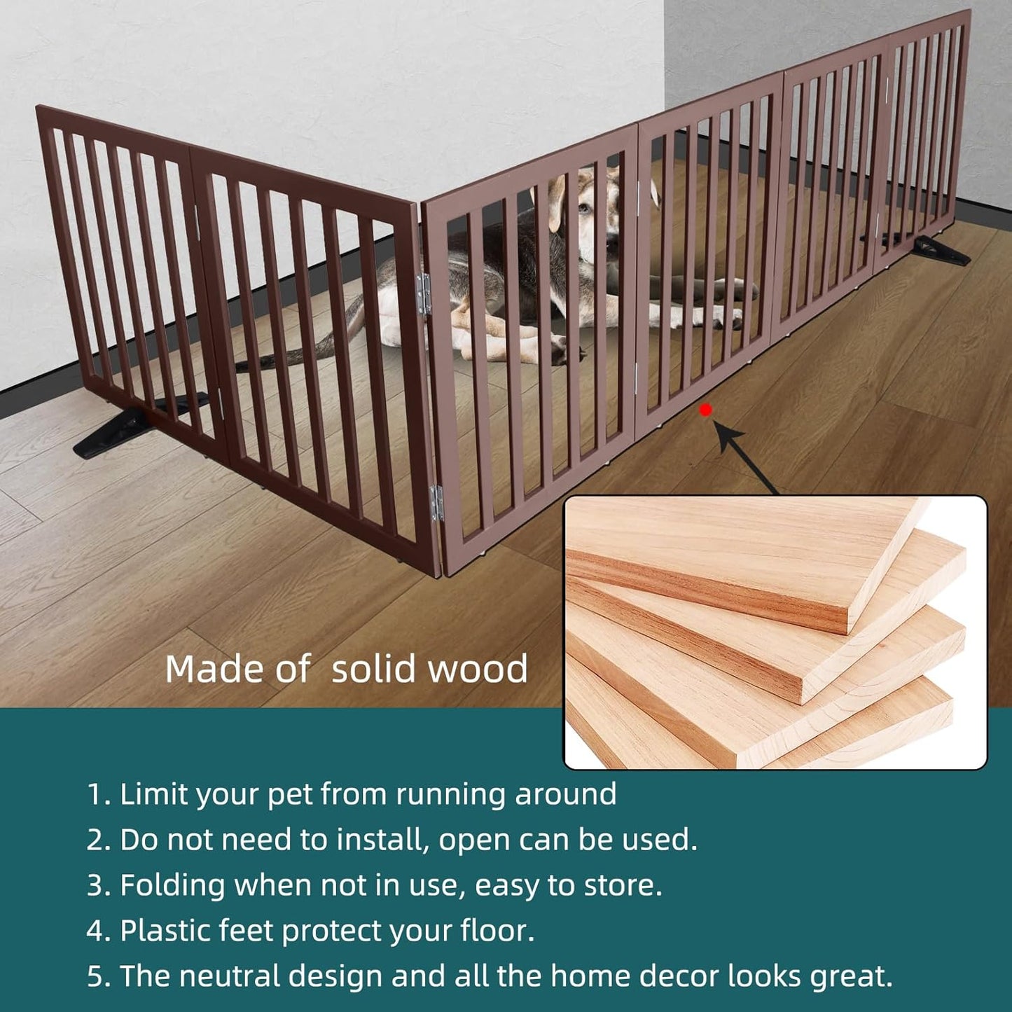ZJSF Freestanding Indoor Dog Gate for House Foldable Wood Puppy Gate for Doorways Pet Gate for Stairs Extra Wide Pet Fence, Brown, 32" Height 6 Panels