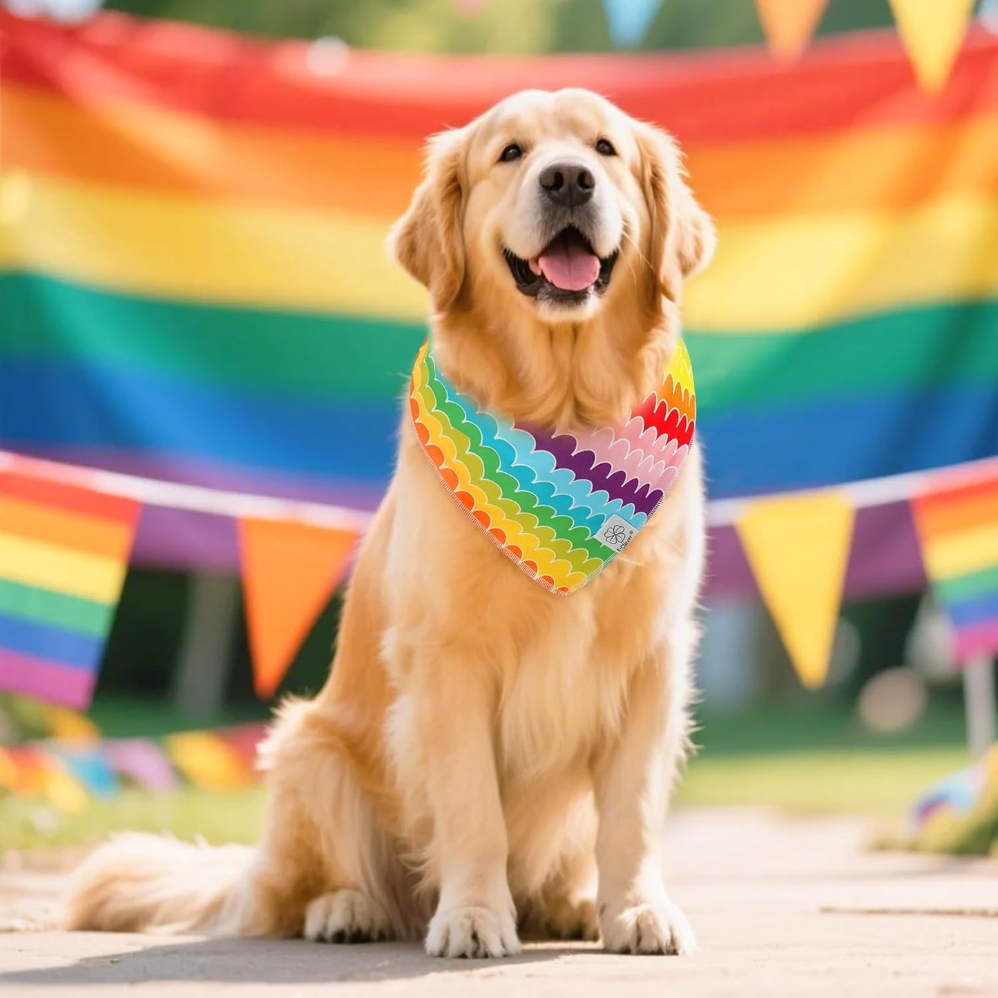 E-Clover Rainbow Dog Bandanas & Matching Scrunchie Set Girl Cute Pride Dog Scarf Bibs Pet Bandana with Bow Tie for Small Dogs Puppy Owner Mom Summer