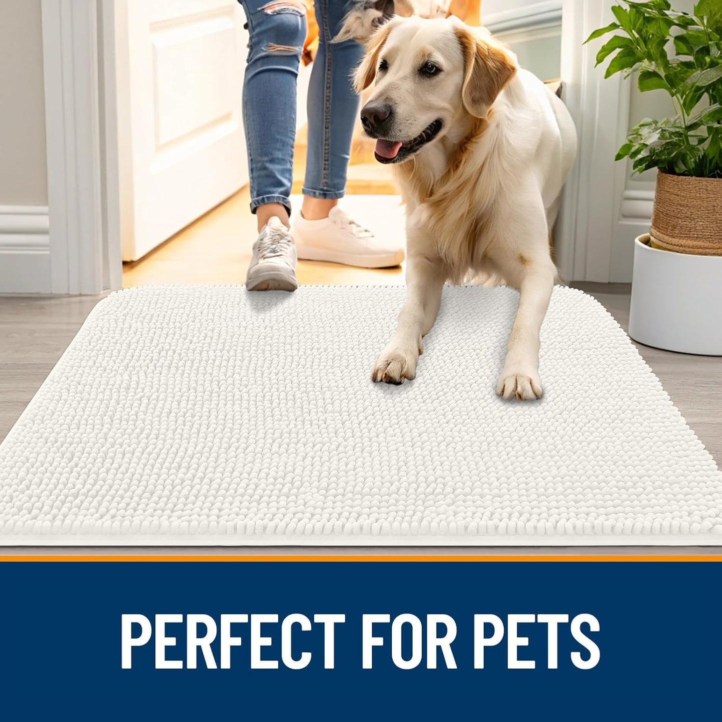 OLANLY Dog Door Mat for Muddy Paws 36x24, Absorbs Moisture and Dirt, Absorbent Non-Slip Washable Doormat, Quick Dry Chenille Mud Mat for Dogs, Entry Indoor Entryway Carpet for Inside Floor, Ivory
