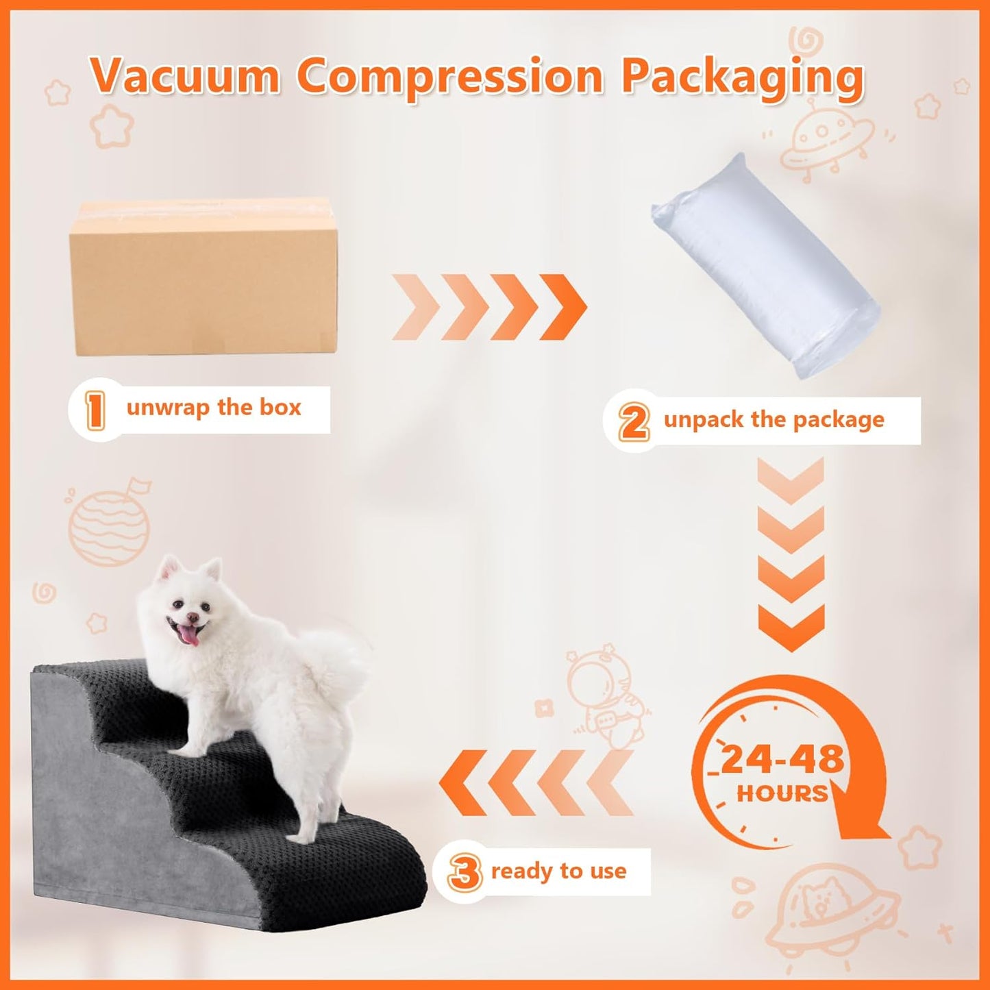 MIHIKK Dog Stairs Ramp, Curved 3-Step Dog Steps for Small Dogs and Cats, Pet Stairs for High Beds and Couch with Anti-Slip Washable Cover and Durable High Density Foam, Dark Grey