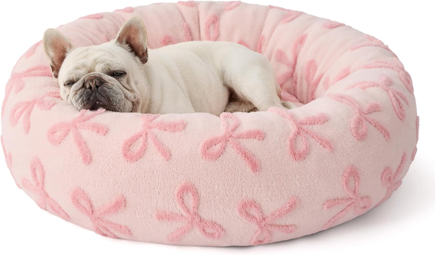 LE SURE Donut Medium Dog Bed - Round Cat Beds for Indoor Cats Calming Pet Beds, Cute Modern Beds with Jacquard Shaggy Plush & Anti Slip Bottom, 30 Inch, Pink Taffy