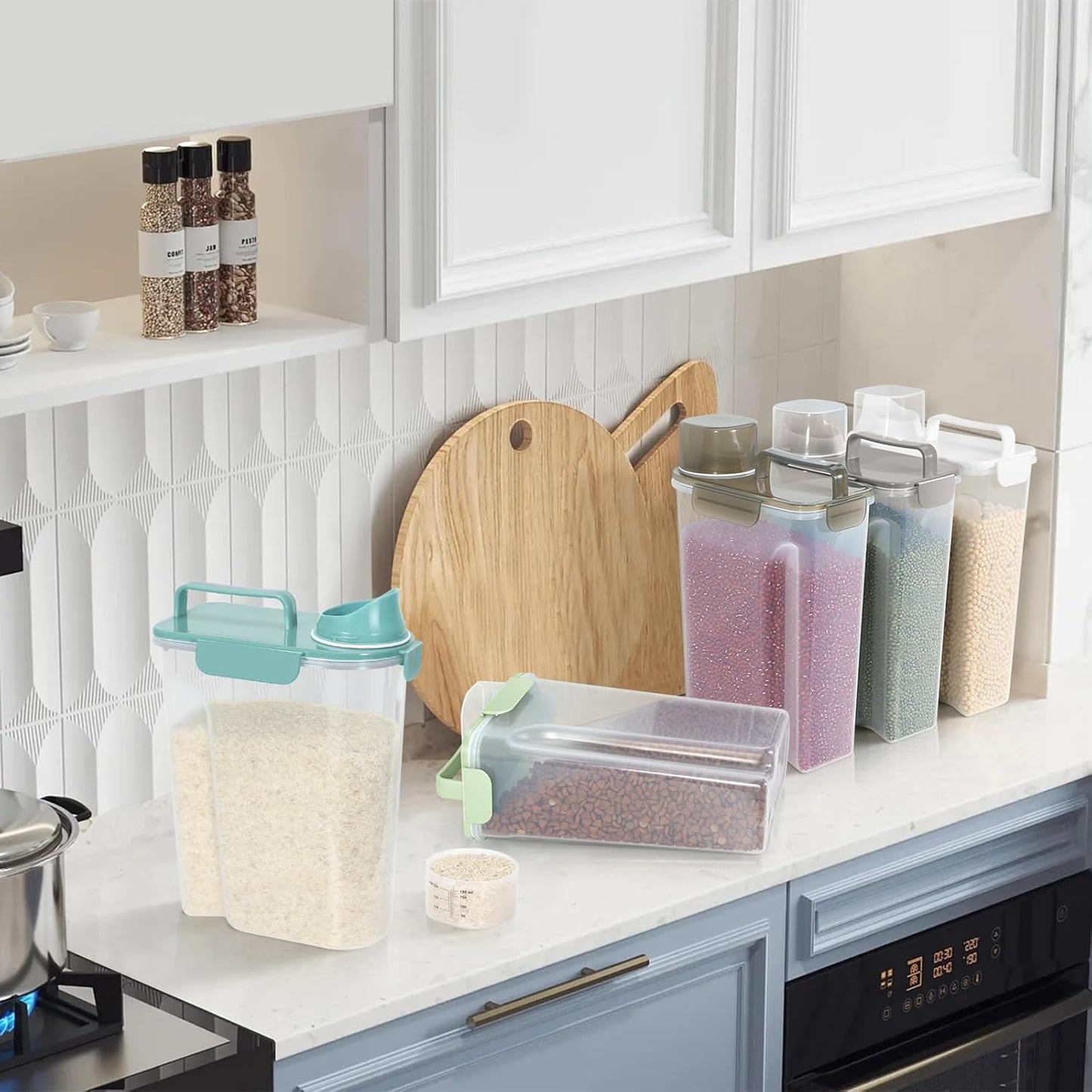 5-7Lbs Dog Cat Food Storage Container with Upgraded Large Nozzle BPA-free, 4 Snap Seals Plastic Pet Food Storage Containers with Handles (1, Elegant Blue, 5L)