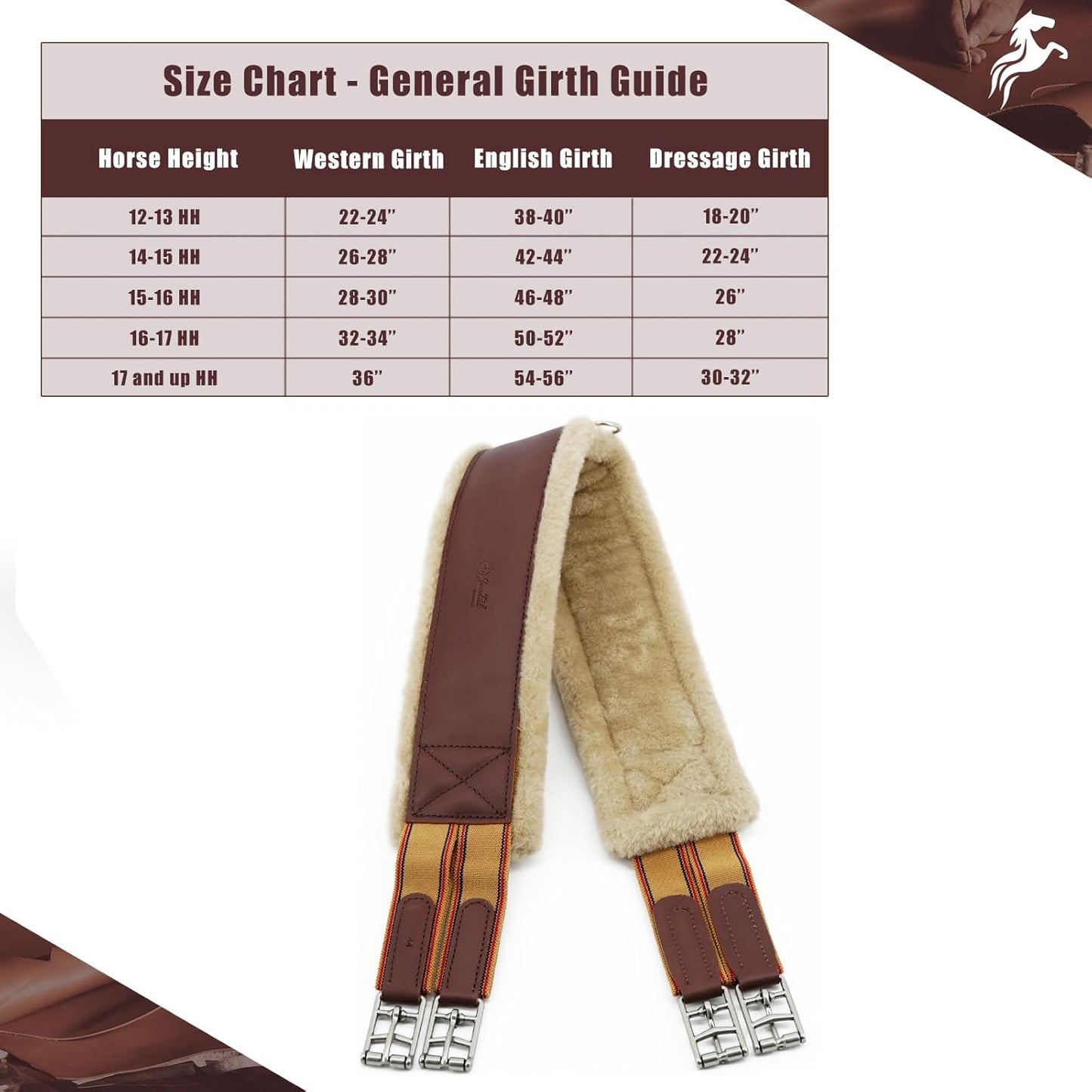 Jeereal Fleece English Girth | Breathable Horse Girth for English Saddle with Double Heavy Duty Elastic - Genuine Leather and High-Strength Webbing Stitched