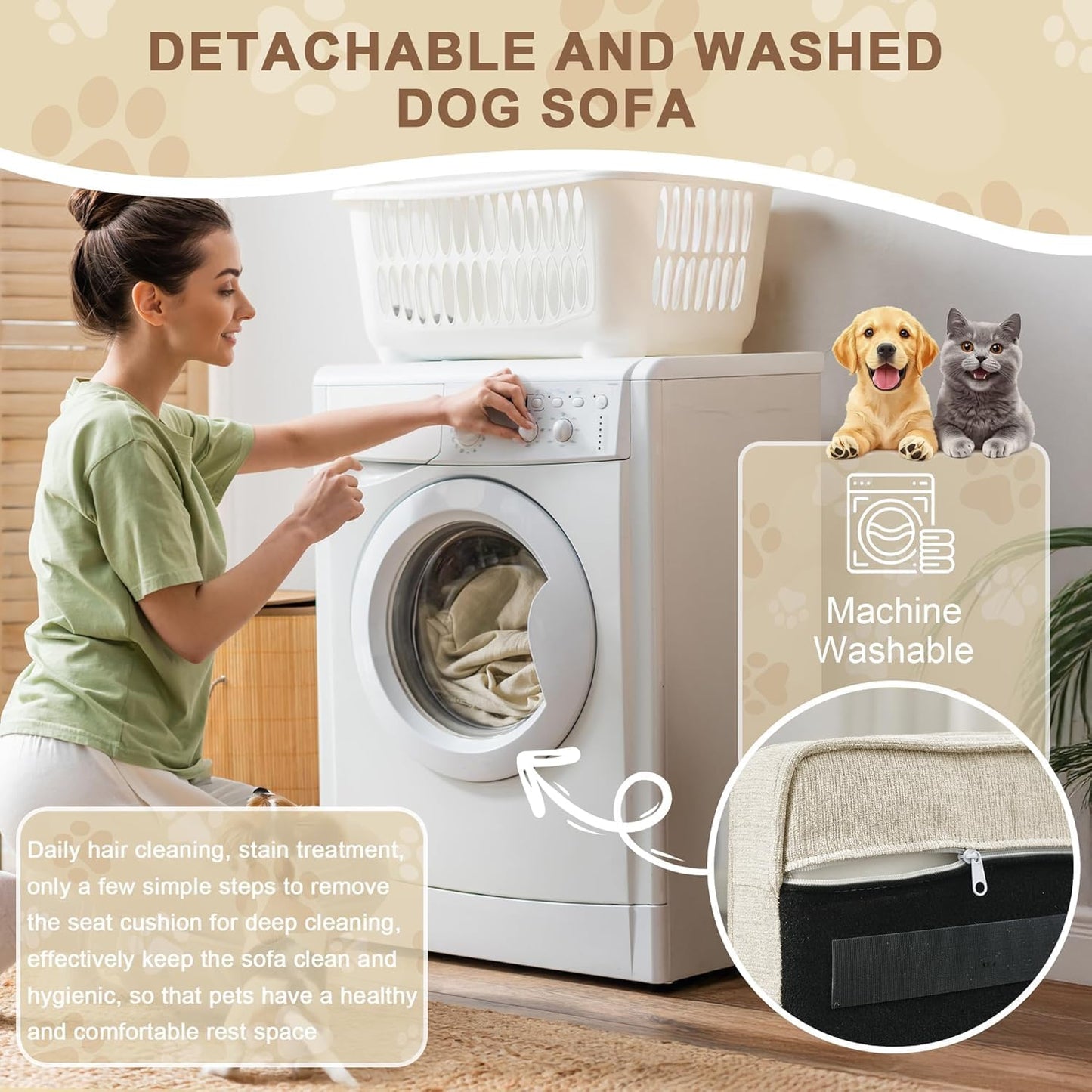 Dog Sofa Couch for Medium to Large Dogs, 31" Memory Foam Dog Couch with Washable Fabric, Removable Cushion, Sofa Bed for Medium and Large Dogs, Beige