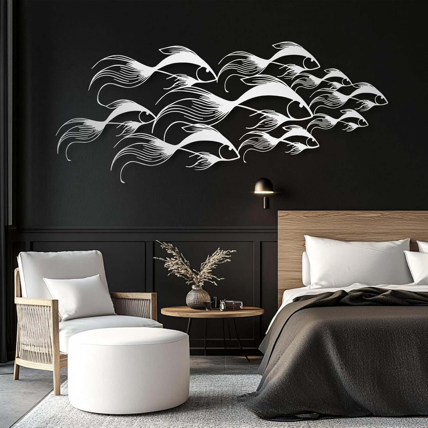 School of Fish Metal Wall Art, Metal Fish Wall Decor, Sea Life Wall Art, Large Nautical Wall Hanging, Modern Beach House Wall Decor, Ocean Themed Artwork for Bathroom (Black, 35"x15" | 90x38cm)