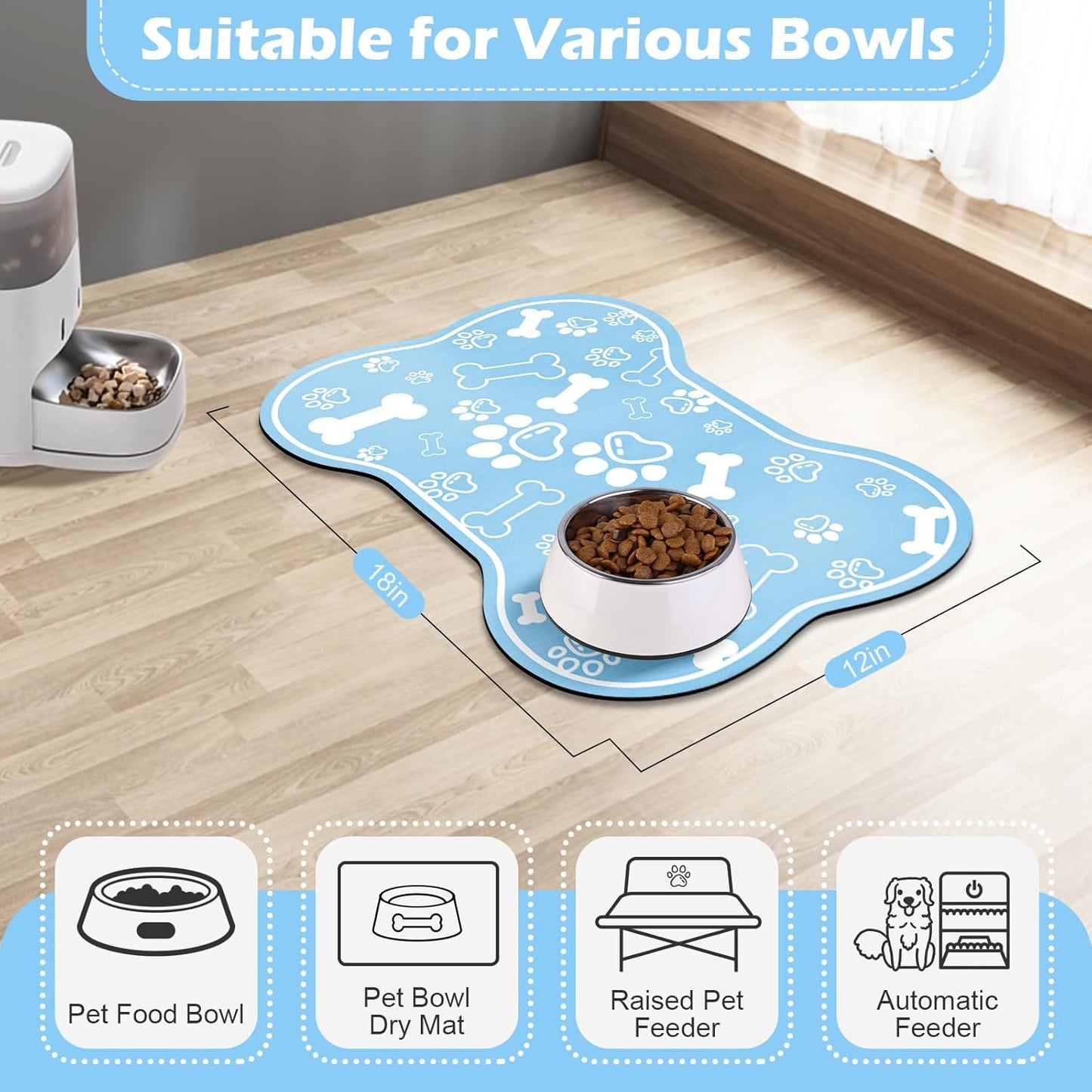 Dog Cat Mat for Food and Water,Rapid Absorbent Pet Feeding Mat, Bone Shaped Dog Placemat Bowl Mat with Rubber Backing,No Stains Pet Food Mats Indoor, Pet Accessories Supplies,Blue 12"×18"