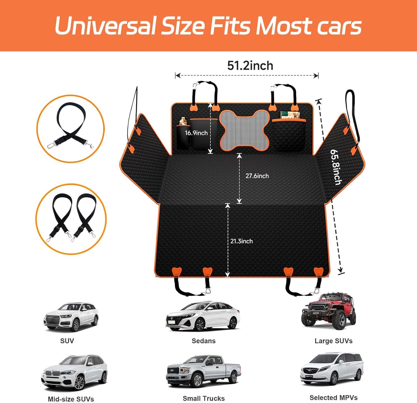 Hard Bottom Dog Car Seat Cover for Back Seat – Waterproof Nonslip Hammock Extender for Trucks & SUVs, Heavy Duty Pet Protector, Black Oxford Fabric