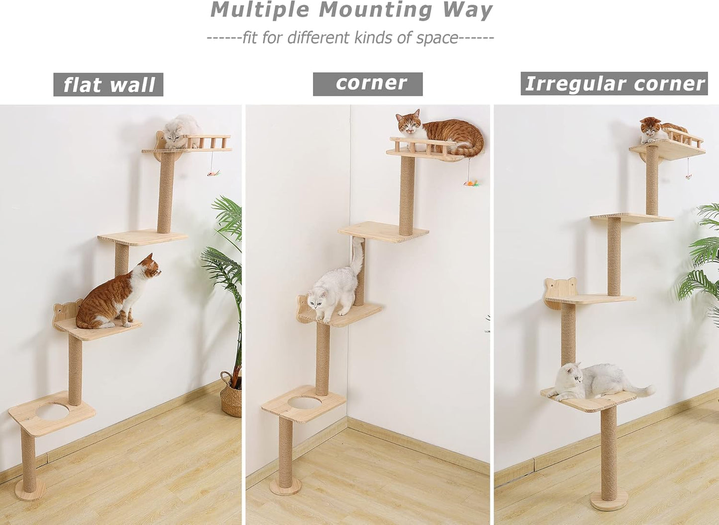 Cat Tree Wall Mounted with 4 Levels Shelves, 73" Wood Corner Tower Inside Kitten Playground for Climbing,Playing and Lounging (Left to Right)