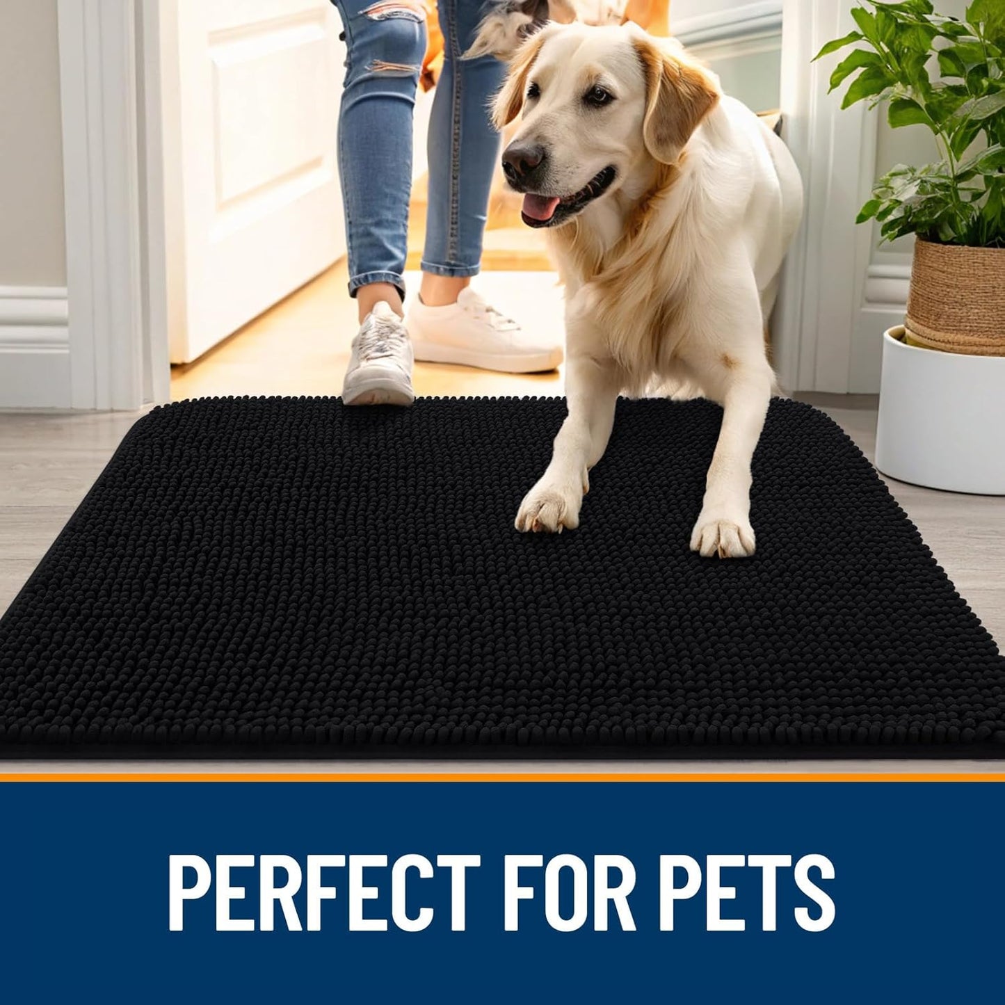 OLANLY Dog Door Mat for Muddy Paws 48x30, Absorbs Moisture and Dirt, Absorbent Non-Slip Washable Doormat, Quick Dry Chenille Mud Mat for Dogs, Entry Indoor Entryway Carpet for Inside Floor, Black
