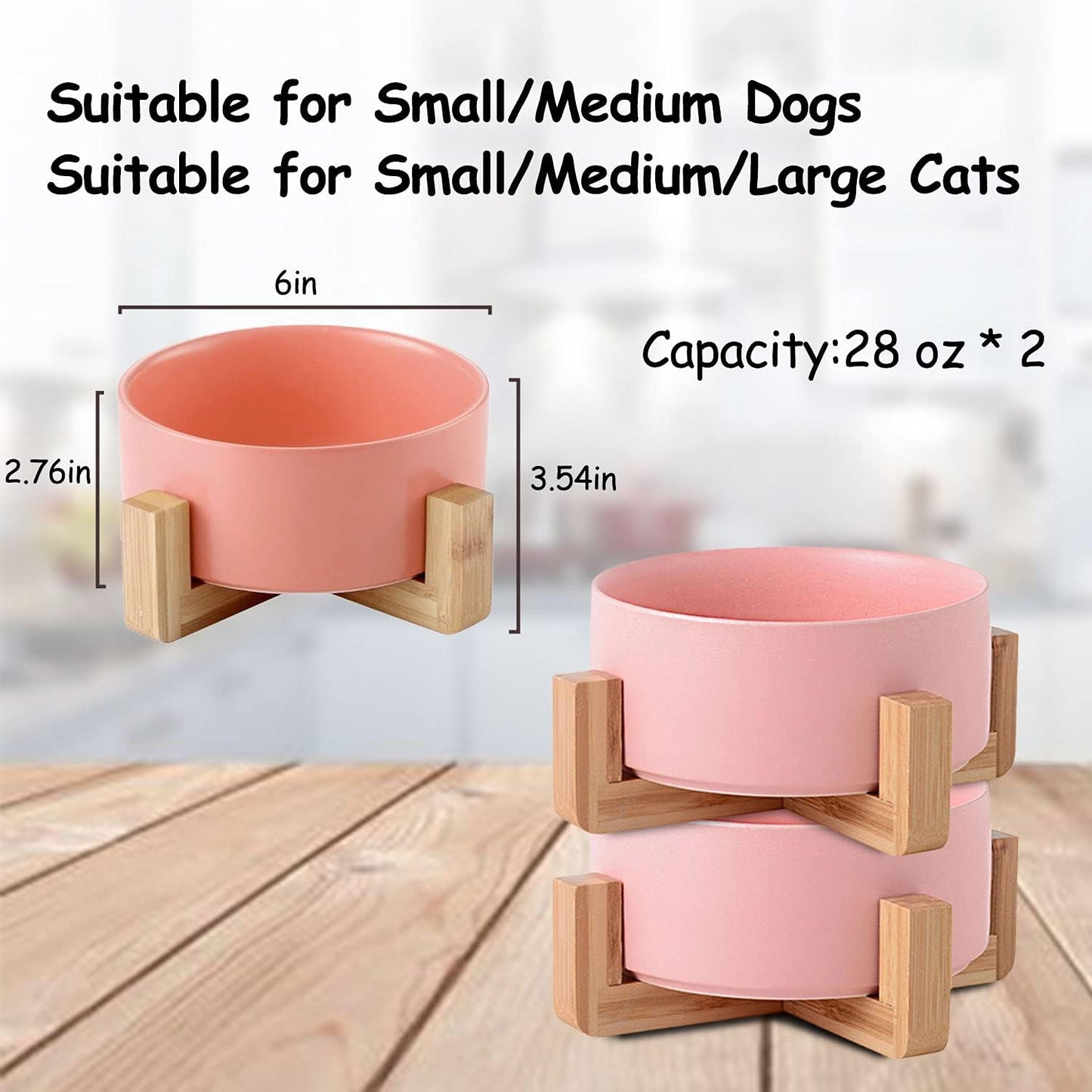 Petygooing Pink Ceramic Dog Cat Bowl Set with Stand, Pet Food and Water Dish,Medium Dog Bowls Anti Slip Set of 2 Cat Bowls Pet Food Bowl- Pet Dishes Small Medium Size Pet (28 OZ /3.6 Cups)