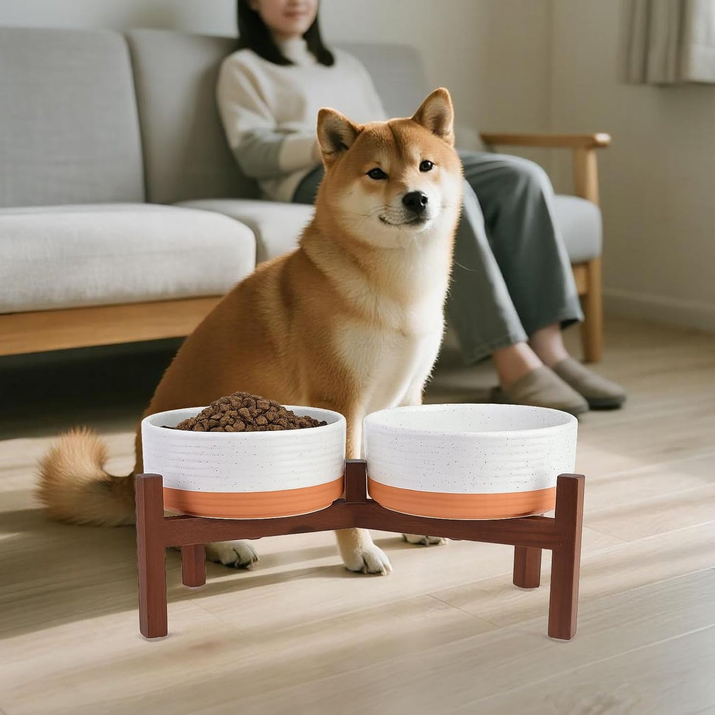 SPUNKYJUNKY Ceramic Elevated Dog Bowl Set with Acacia Wood Stand for Food and Water for Medium Dog (42.27 OZ, White and Reddish Brown)