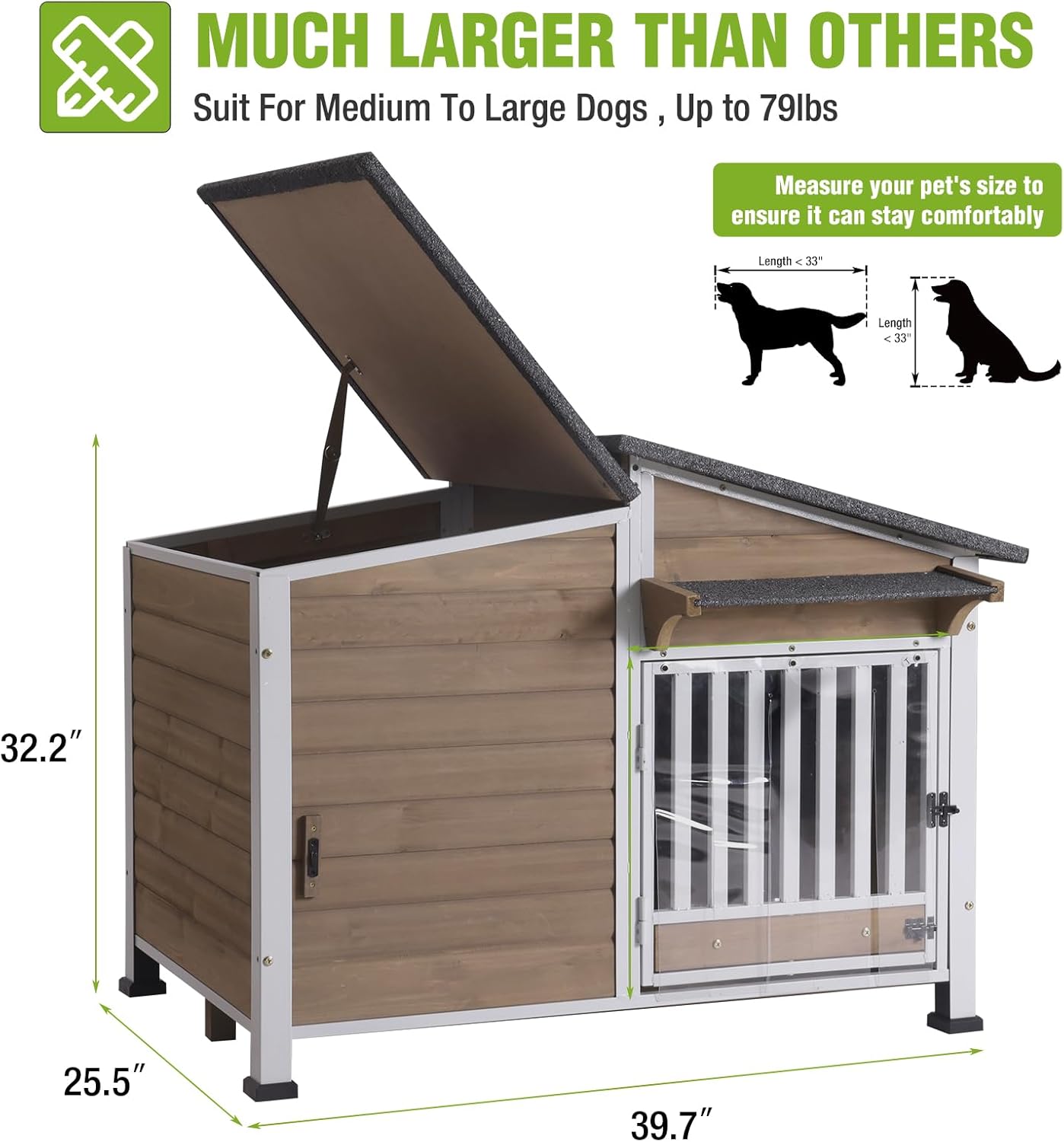 GUTINNEEN Dog House Outdoor Dog Kennel with Chew-Proof Metal Frame, Rotating Food Bowl, PVC Door Curtain, Weatherproof for Small Medium Dogs, 39.7" L x 25.5" D x 32.2" H (Light Brown)