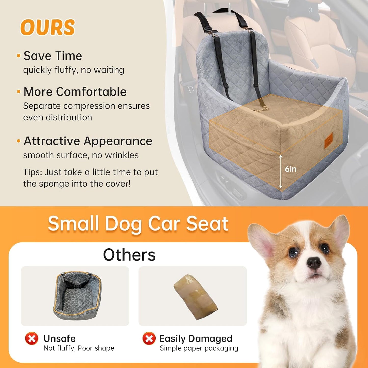 Dog Car Seats for Small Dogs, FurFrolic Memory Foam Dog Booster Seat for Small/Medium Dogs up to 35 lbs, Travel Pet Car Seat with Washable Detachable Cover, Storage Pockets, 2 Safety Belts (Gray)