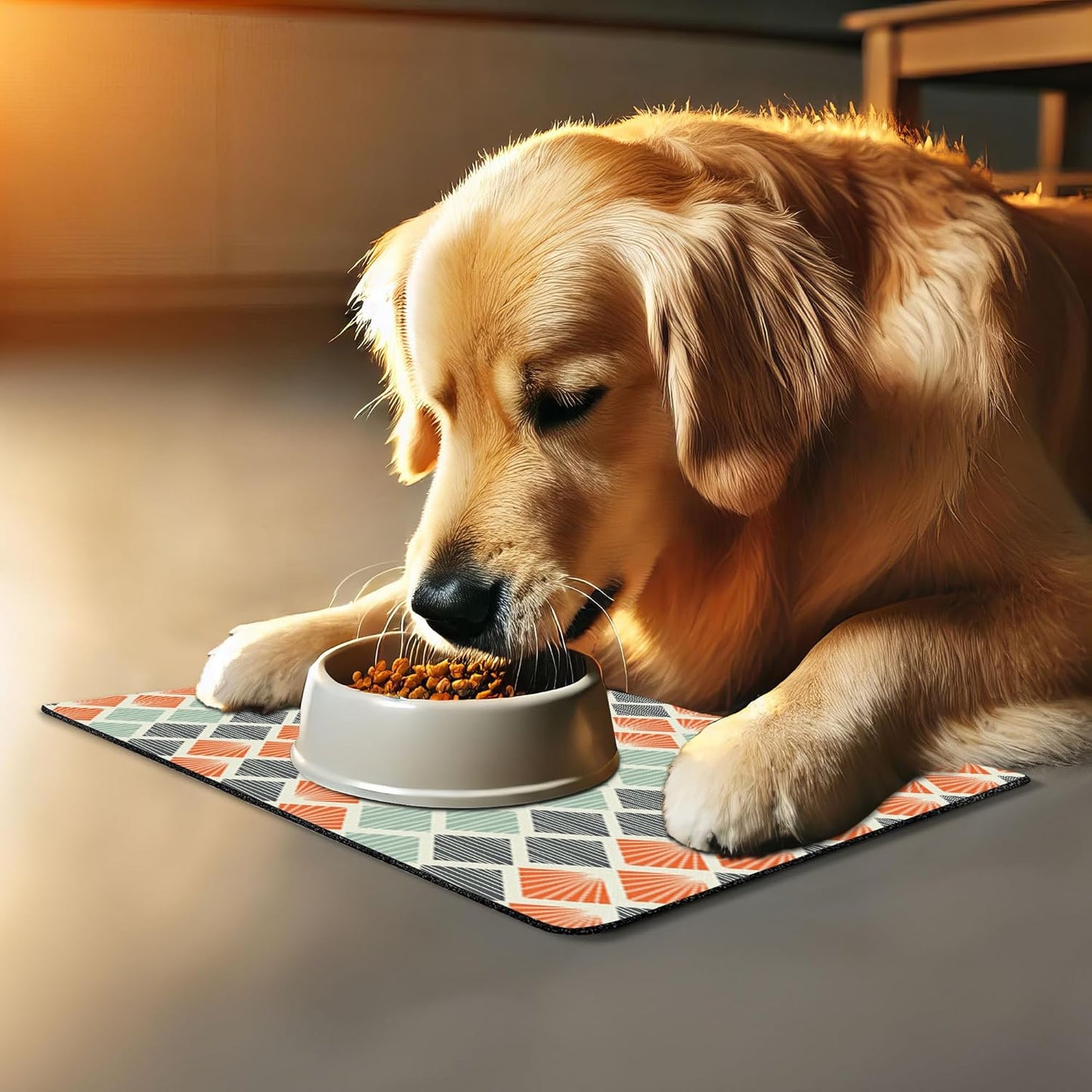 Lunarable Geometric Pet Mat for Food and Water, Pop Art Style Retro Rhombus Fractal Stripes Nostalgic Graphic Print, Non-Slip Rubber Mat for Dogs and Cats, 18" X 12", Green Orange