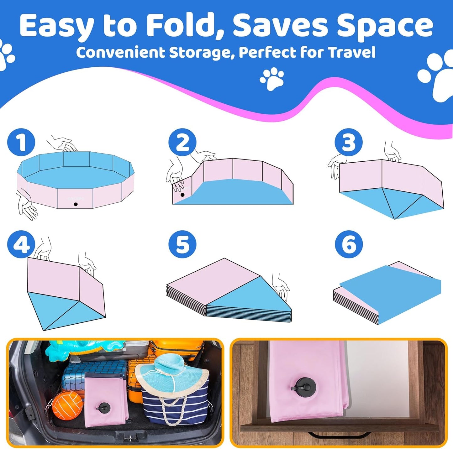 2025 Updated Foldable Dog Pool, 63" x 12" Kiddie Pool with Hard Plastic, Non-Slip Dog Bath Tub for Outdoor Backyard, Collapsible Dog Swimming Pool for Kids Dogs Pets (Pink)