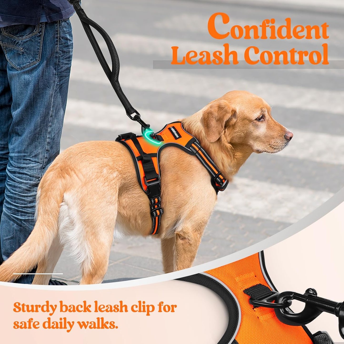 rabbitgoo Dog Harness No Pull with 2 Leash Clips, Adjustable Soft Padded, Reflective Oxford No Choke Pet Vest with Easy Control Handle for Large Dogs,Orange,L