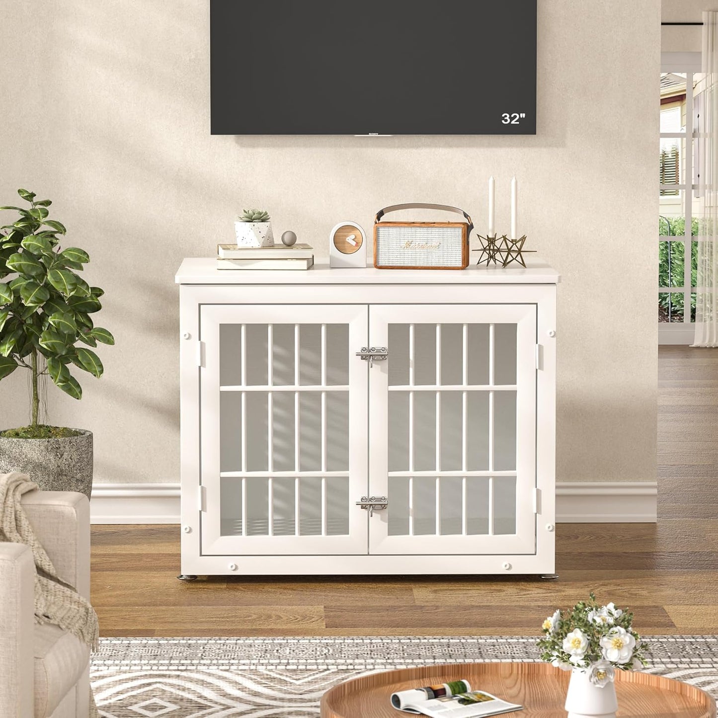 32" Heavy Duty Dog Crate Furniture for Small and Medium Dogs, Metal Kennel for High Anxiety Dogs, Chew Proof Pet Cage Indoor, Decorative Dog Kennel End Table, White
