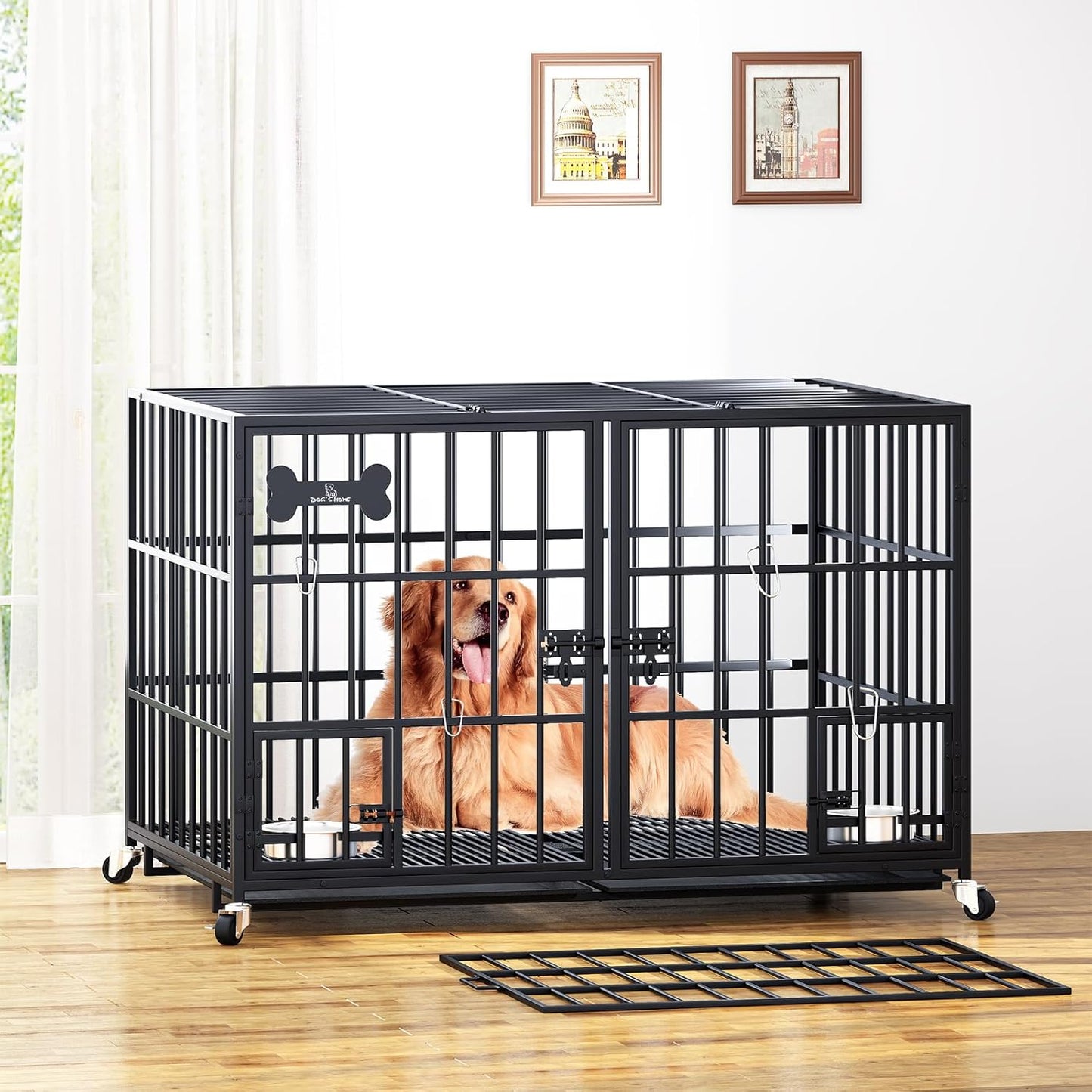aboxoo 48/42 inch XL Dog Crate for Large Dog/Double Medium Dogs,Heavy Duty Metal Dog Cages,All Metal Open Top,Dog Kennel Indoor with Wheels,Floor Grid, Tray, Divider and Feeding Bowl