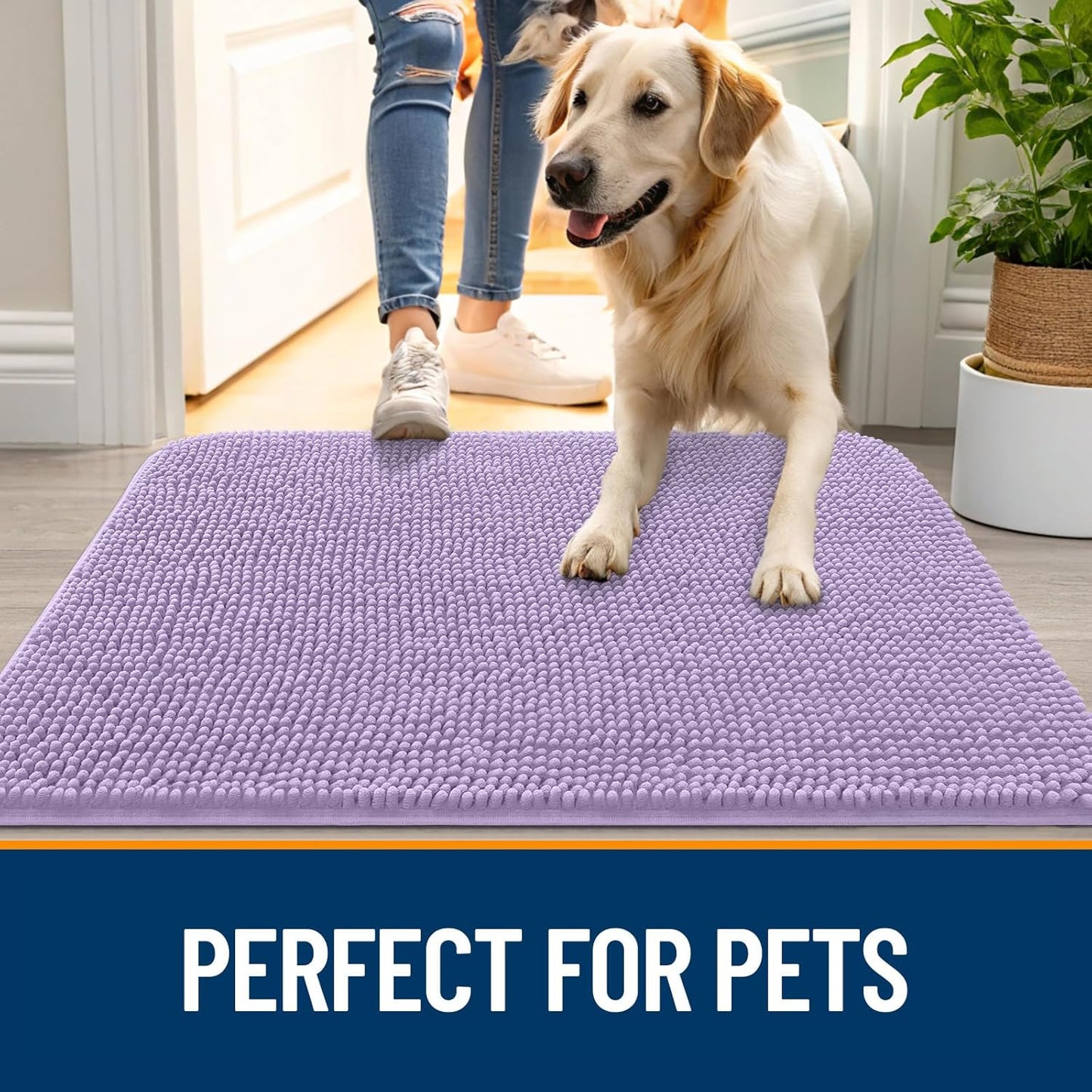 OLANLY Dog Door Mat for Muddy Paws 47x32, Absorbs Moisture and Dirt, Absorbent Non-Slip Washable Doormat, Quick Dry Chenille Mud Mat for Dogs, Entry Indoor Entryway Carpet for Inside Floor, Lavender