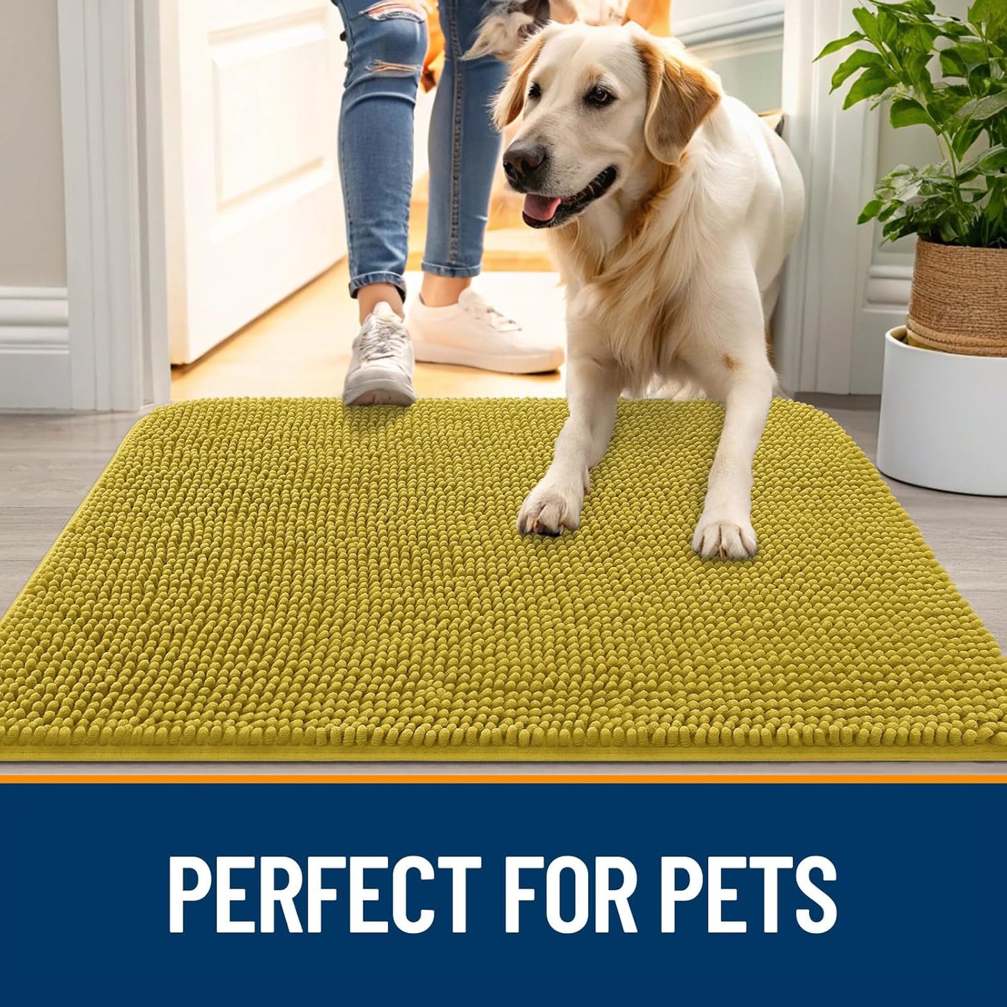 OLANLY Dog Door Mat for Muddy Paws 36x24, Absorbs Moisture and Dirt, Absorbent Non-Slip Washable Doormat, Quick Dry Chenille Mud Mat, Entry Indoor Entryway Carpet for Inside Floor, Mustard Yellow