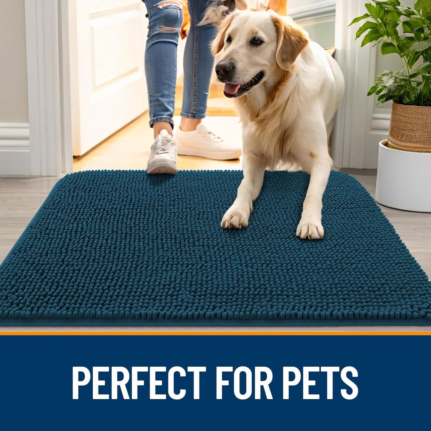 OLANLY Dog Door Mat for Muddy Paws 30x17, Absorbs Moisture and Dirt, Absorbent Non-Slip Washable Doormat, Quick Dry Chenille Mud Mat, Entry Indoor Entryway Carpet for Inside Floor, Atlantic Blue