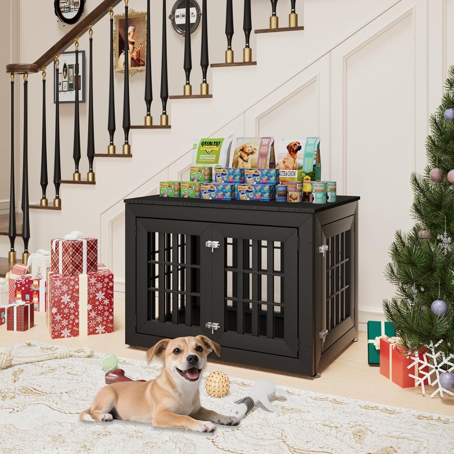 38" Heavy Duty Dog Crate Furniture for Small,Medium and Large Dogs,Rustic Wooden Dog Cage Kennel Indoor Furniture with Waterproof Top,Decorative Pet House Side End Table (Black)