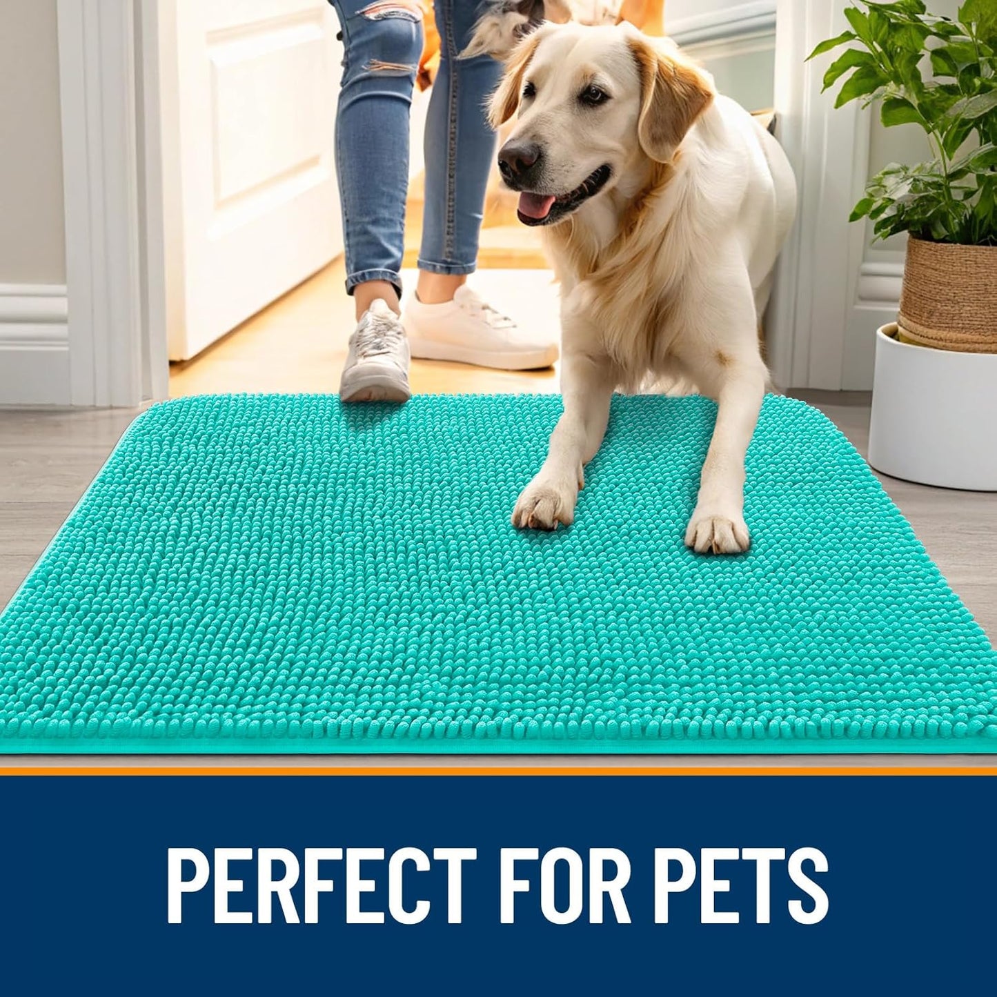 OLANLY Dog Door Mat for Muddy Paws 44x24, Absorbs Moisture and Dirt, Absorbent Non-Slip Washable Doormat, Quick Dry Chenille Mud Mat for Dogs, Entry Indoor Entryway Carpet for Inside Floor, Teal
