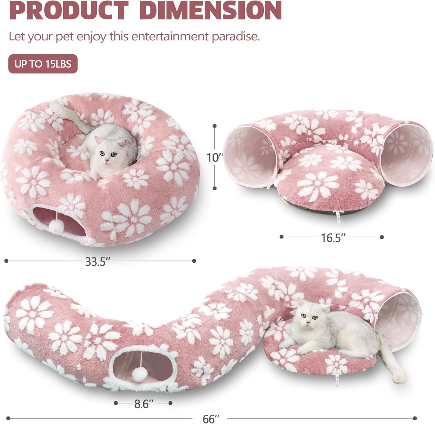 Cat Tunnel for Indoor Cats, Cute Peekaboo Cat Cave with Dangling Balls, Pet Donut Tunnel Bed with Circle Mat for Puppy Kitten Rabbit, Pink