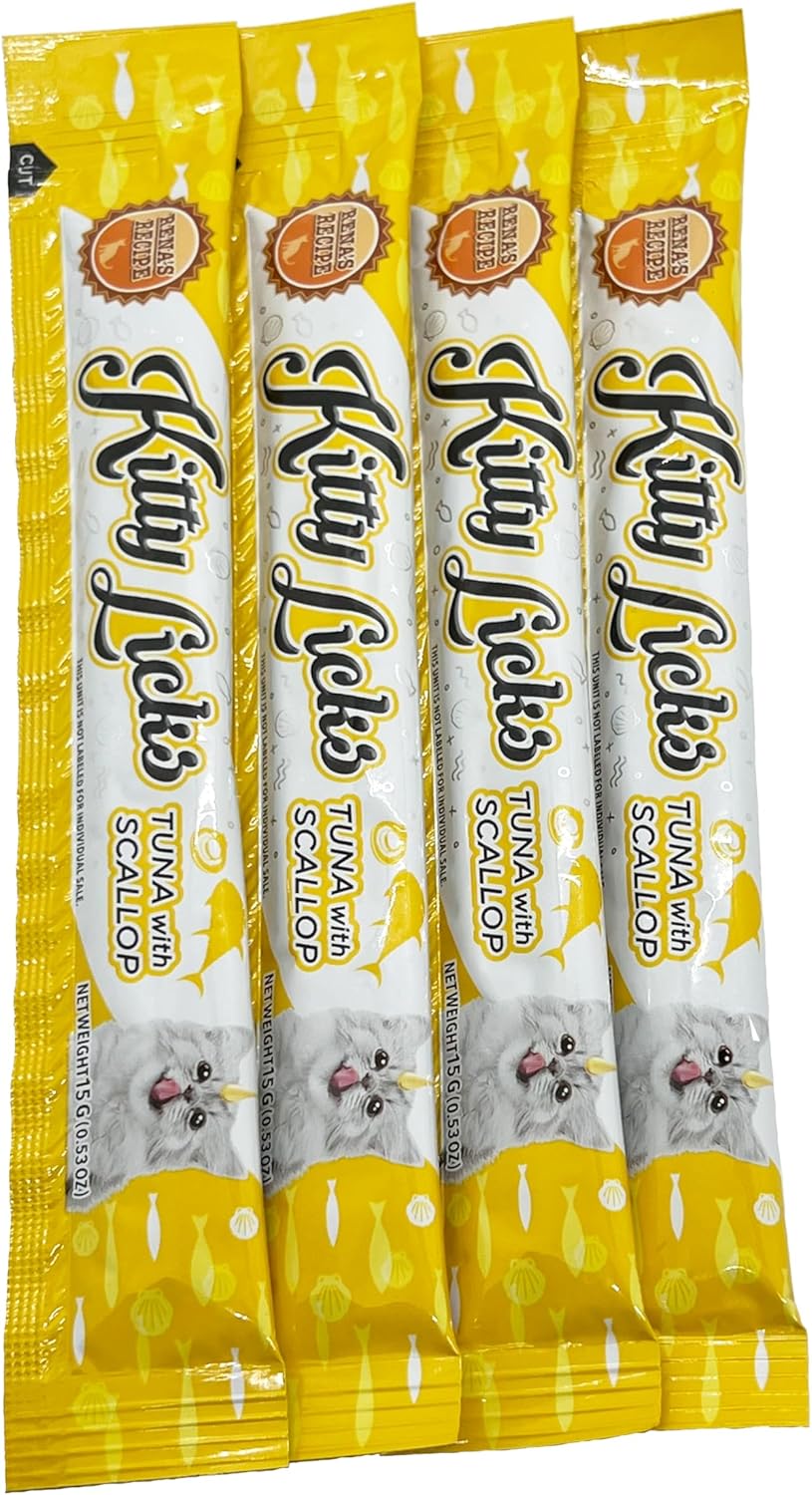 Rena's Recipe Kitty Licks Tuna Barrel (60 Tubes) 4 flavorsX 15 Tubes Cream Lickable Cat Treats 4 Different Flavors: Tuna with Seafood, Scallop, and Salmon