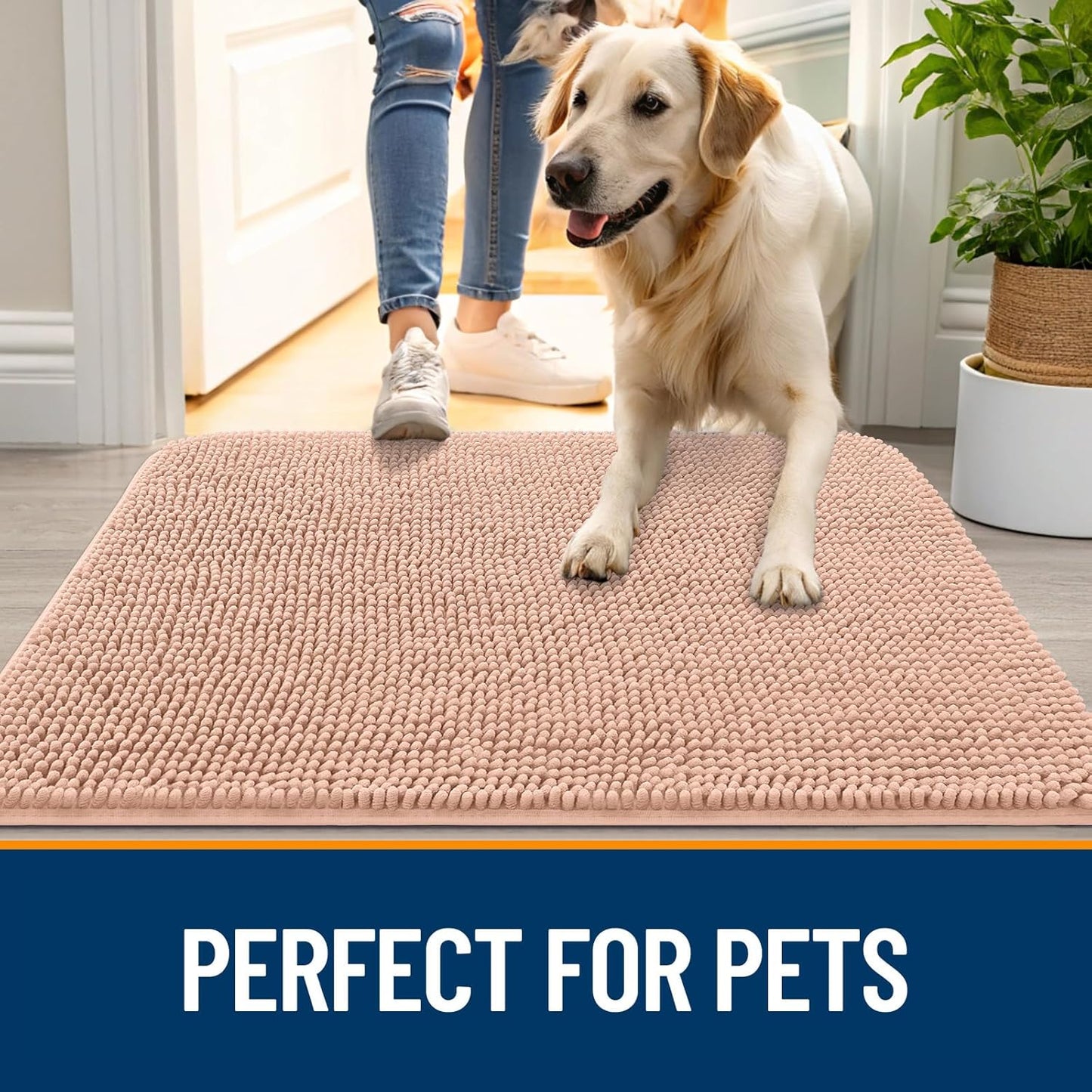 OLANLY Dog Door Mat for Muddy Paws 24x16, Absorbs Moisture and Dirt, Absorbent Non-Slip Washable Doormat, Quick Dry Chenille Mud Mat for Dogs, Entry Indoor Entryway Carpet for Inside Floor, Peach