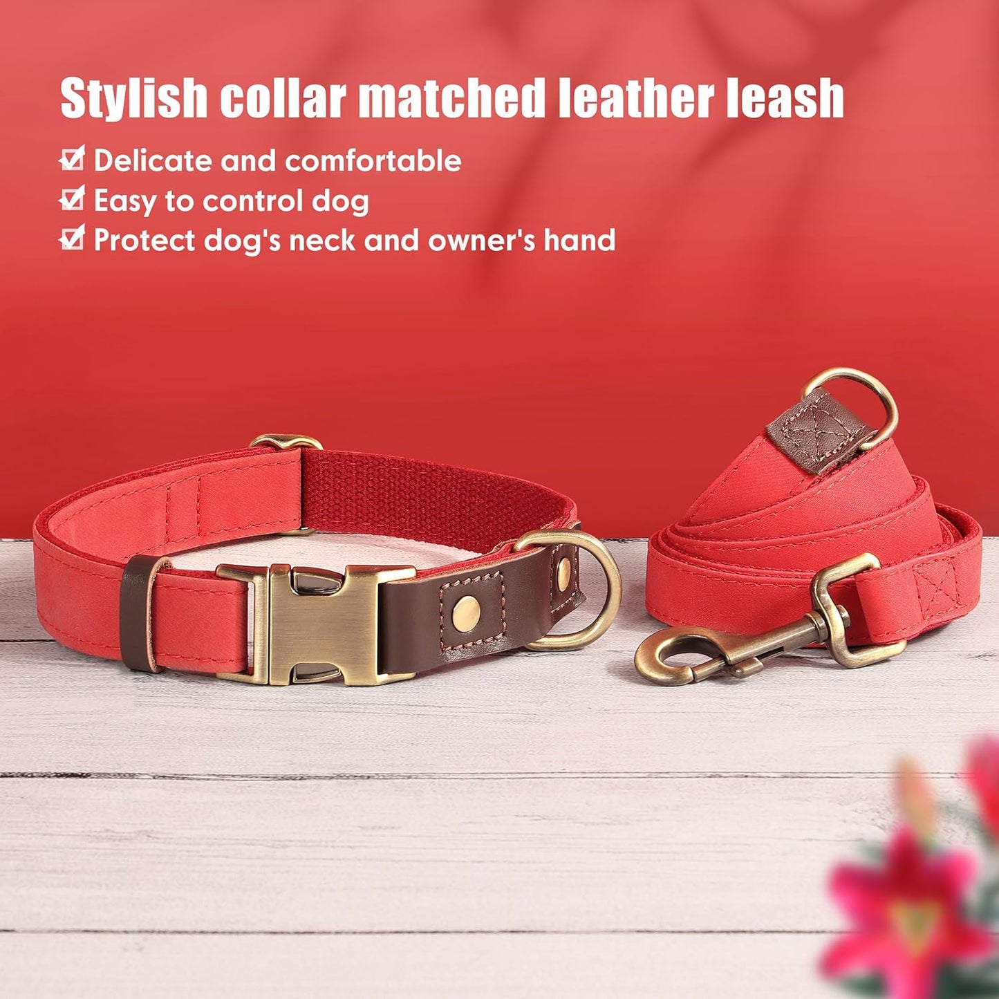 Didog Soft PU Leather Dog Collars for Medium Dogs,Classic Adjustable Dog Collars with Quick Release Metal Buckle,Easy Clean and Comfortable with Nylon Lining,Red,M Neck 13-19"
