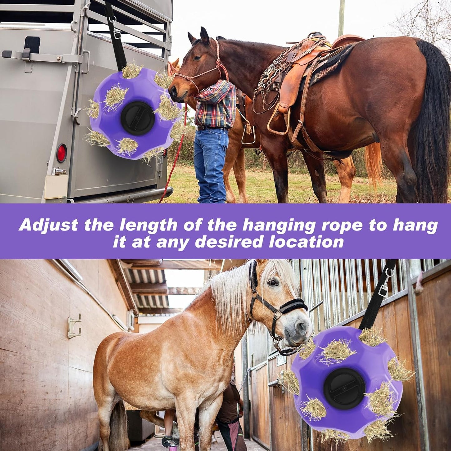 15.75" Hay Ball for Horse with Hanging Strap Slow Feed Horse Treat Ball Extra Large Hanging for Paddock Stall Stable Supplies (Purple)