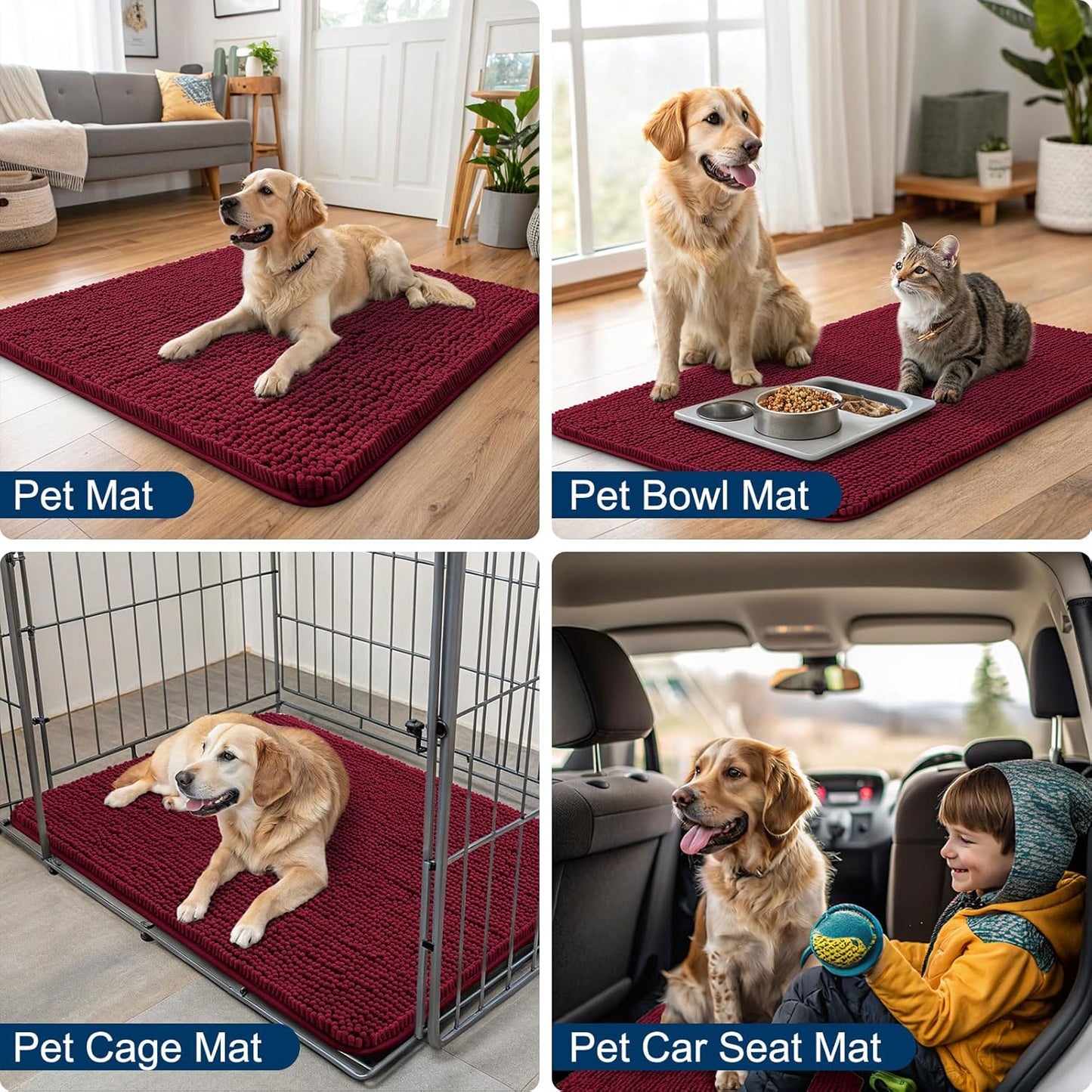 Smiry Dog Door Mat for Muddy Paws 47x24, Absorbs Moisture and Dirt Doormat, Non-Slip Washable Quick Dry Chenille Front Door Mat Indoor Entrance, Entryway Carpet for Inside Floor, Burgundy
